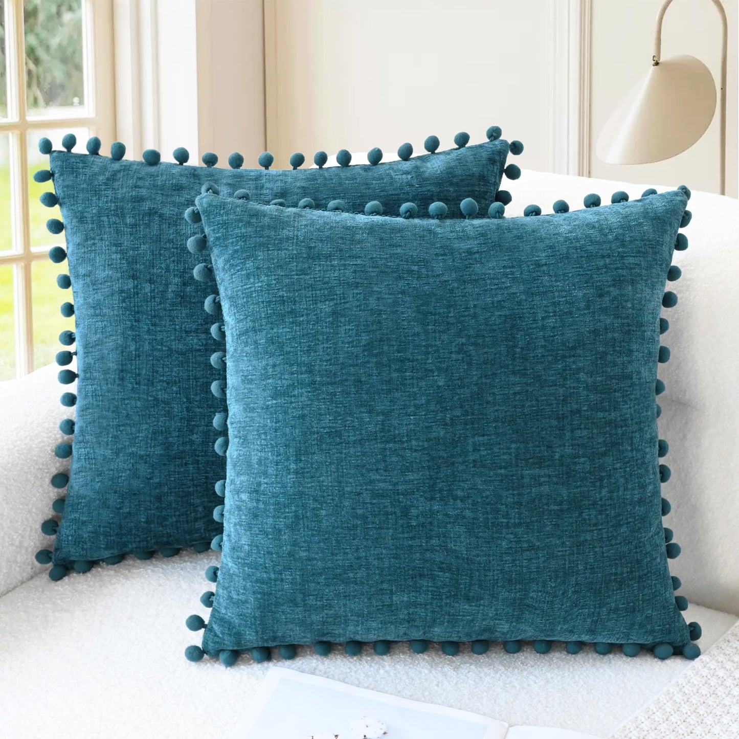 CaliTime Throw Pillow Covers Decorative 18 X 18 Inches Pack of 2 Cozy Solid Dyed Soft Chenille Cushion Cases with Pom Poms for Couch Sofa Bed Living Room Home Ocean Blue