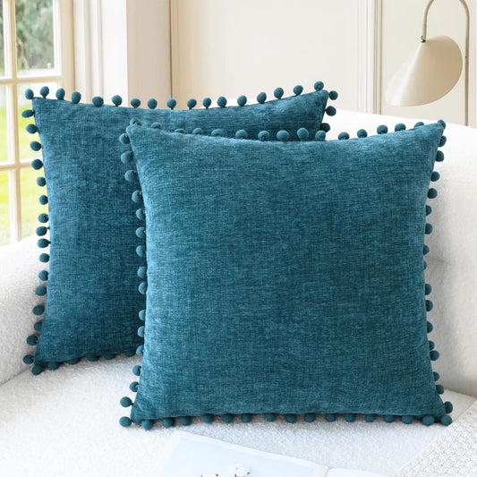CaliTime Throw Pillow Covers Decorative 18 X 18 Inches Pack of 2 Cozy Solid Dyed Soft Chenille Cushion Cases with Pom Poms for Couch Sofa Bed Living Room Home Ocean Blue