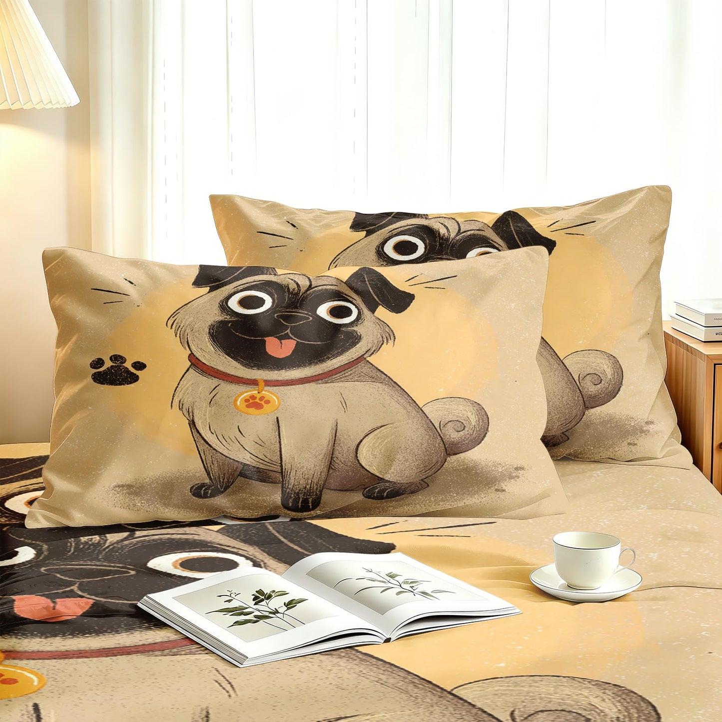 Pug Dog Sheet Set, 4 Pcs Queen Size Funny Puppy Bed Sheets, Beige