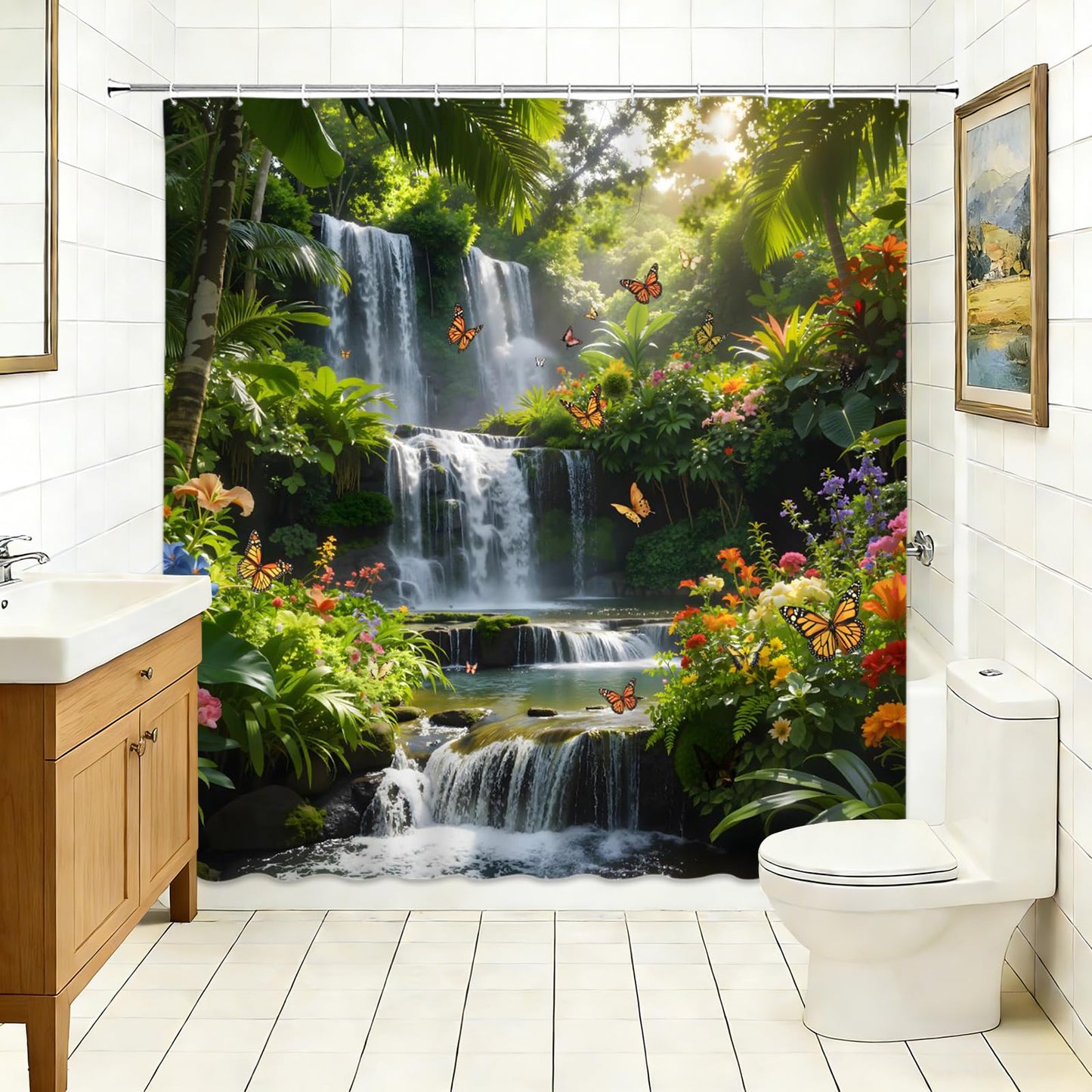 Forest Waterfall Shower Curtain Fantasty Spring Garden Flowers Butterflies Green Plants Streams Sunshine Rustic Natural Scenery Bathroom Decor Polyester Fabric Curtains with Hooks 70" W X 70" L