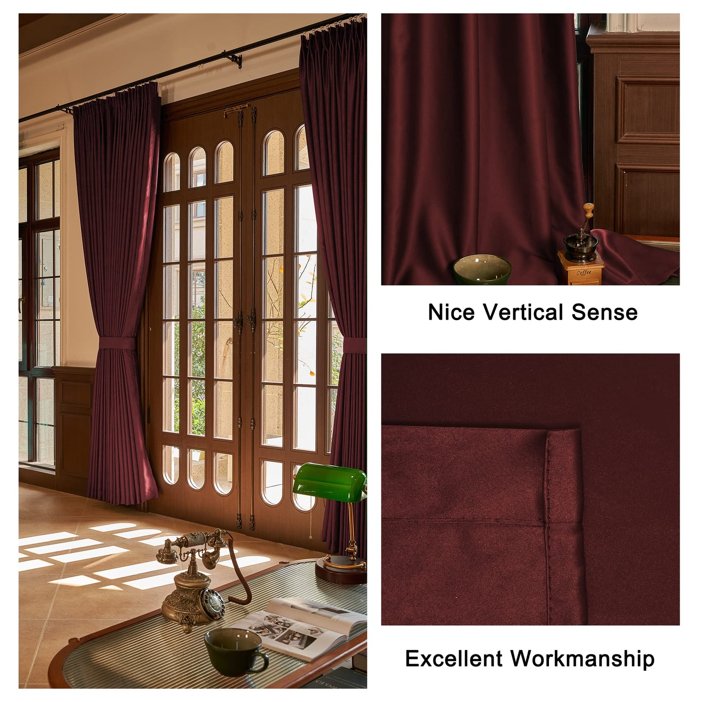 HUTO Burgundy Pinch Pleated Blackout Curtains Thermal Insulated Room Darkening Window Treatment Panel for Living Room, Bedroom, Kitchen, Small Window, 52 by 63 Inches Long, 1 Panel