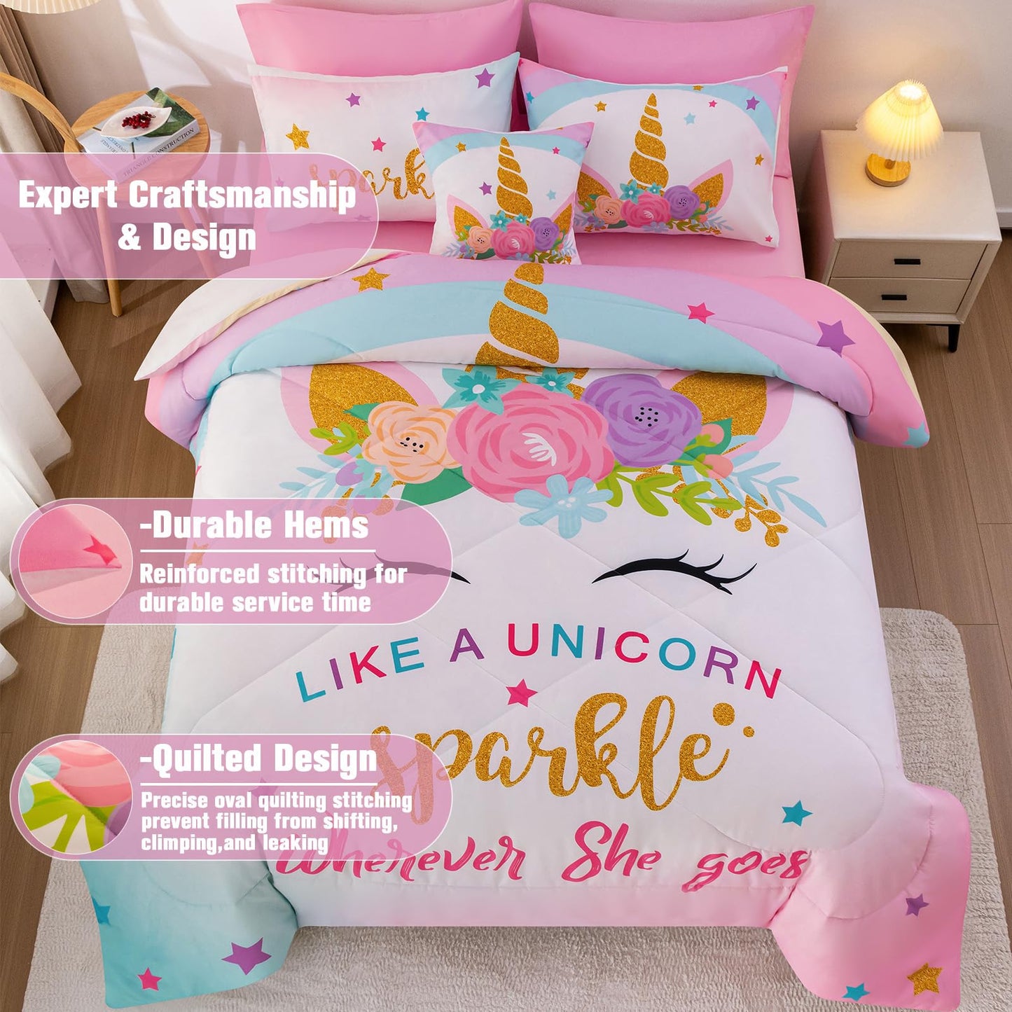 Keyroal 8Pcs Full Comforter Set with Sheet,Unicorn Flower Bedding Set for Kids,Pink Rainbow Bed in a Bag Bedding for Girls-Sparkle Unicorn
