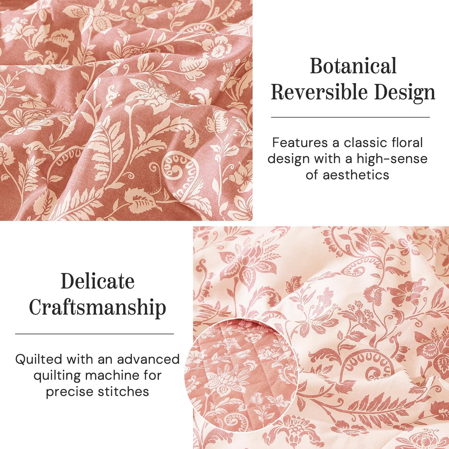 BLOOMHAVEN Quilt Set Queen Size, Clay Pink Floral Quilt Sets, Reversible Bedspread Lightweight and Breathable for All Seasons, Soft Quilted Bedspread with 2 Pillow Shams