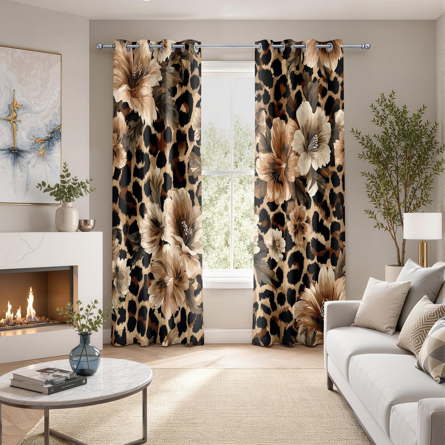 Leopard Print Patterned Curtains Blackout, Thermal Insulated Room Darkening Grommet Drapes for Bedroom Living Room, 84 Inch Curtains 2 Panel Set, Tropical Floral Cheetah Wild Animal Window Treatments