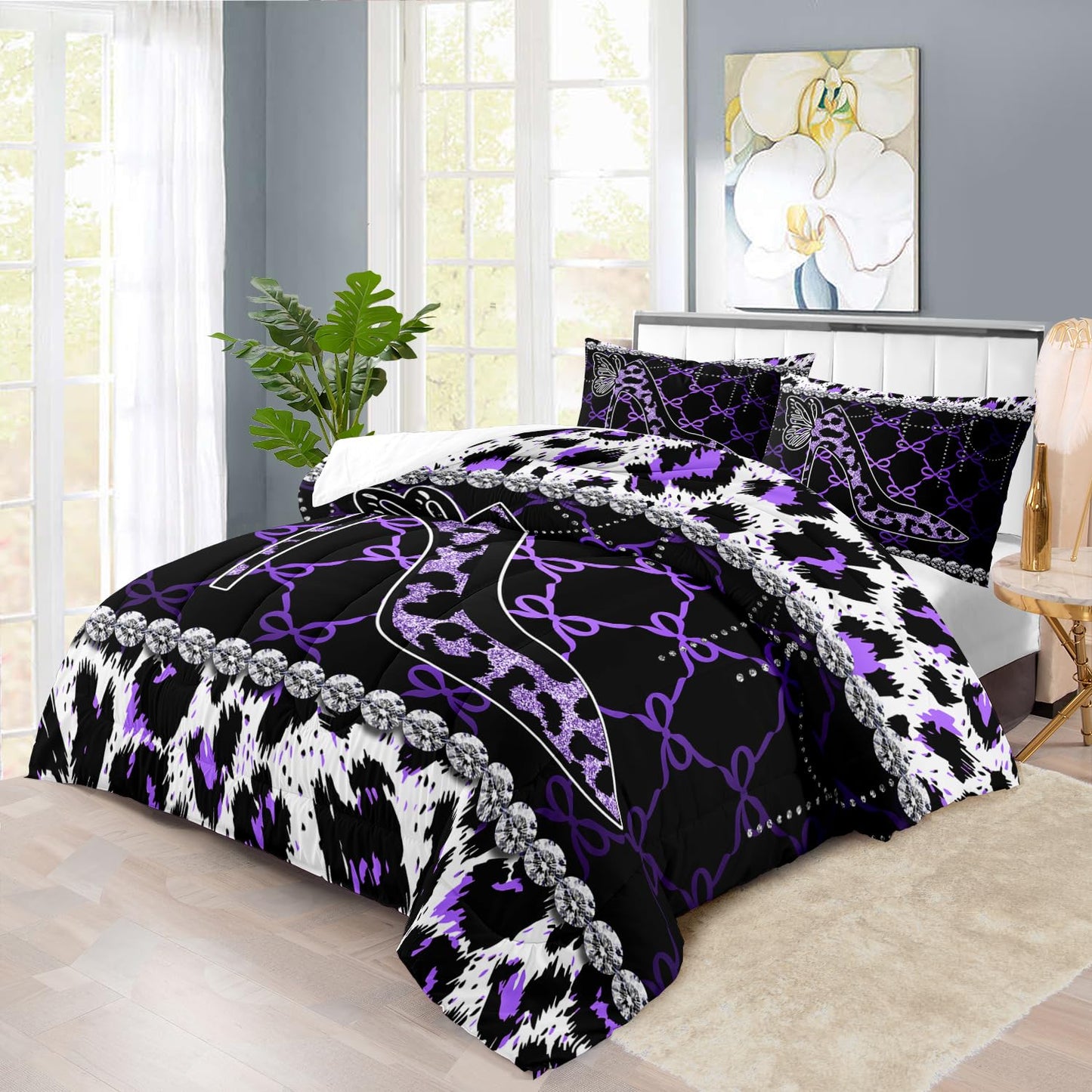 llyxsesty Purple Cheetah Print Comforter Set King Women Sexy High Heels Leopard Print Bedding Set Girls High Heels Leopard Comforter Quilt Animal Bedroom Decor Cheetah Bedding Bed Decor