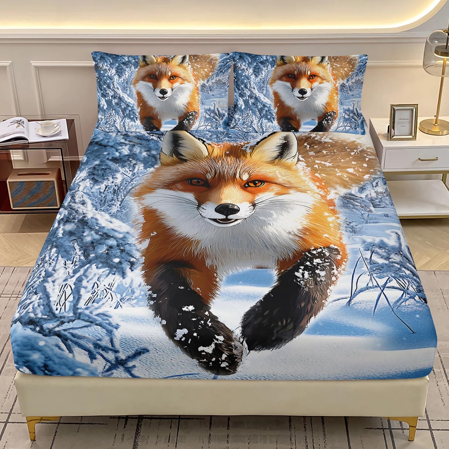 AILONEN Kawaii Fox Fitted Sheet Set Twin Size,Red Snow Fox Bed Sheet Set,Kids Winter Forest Animal Printed Soft Fitted Sheet + 2 Pillowcases,3Pcs