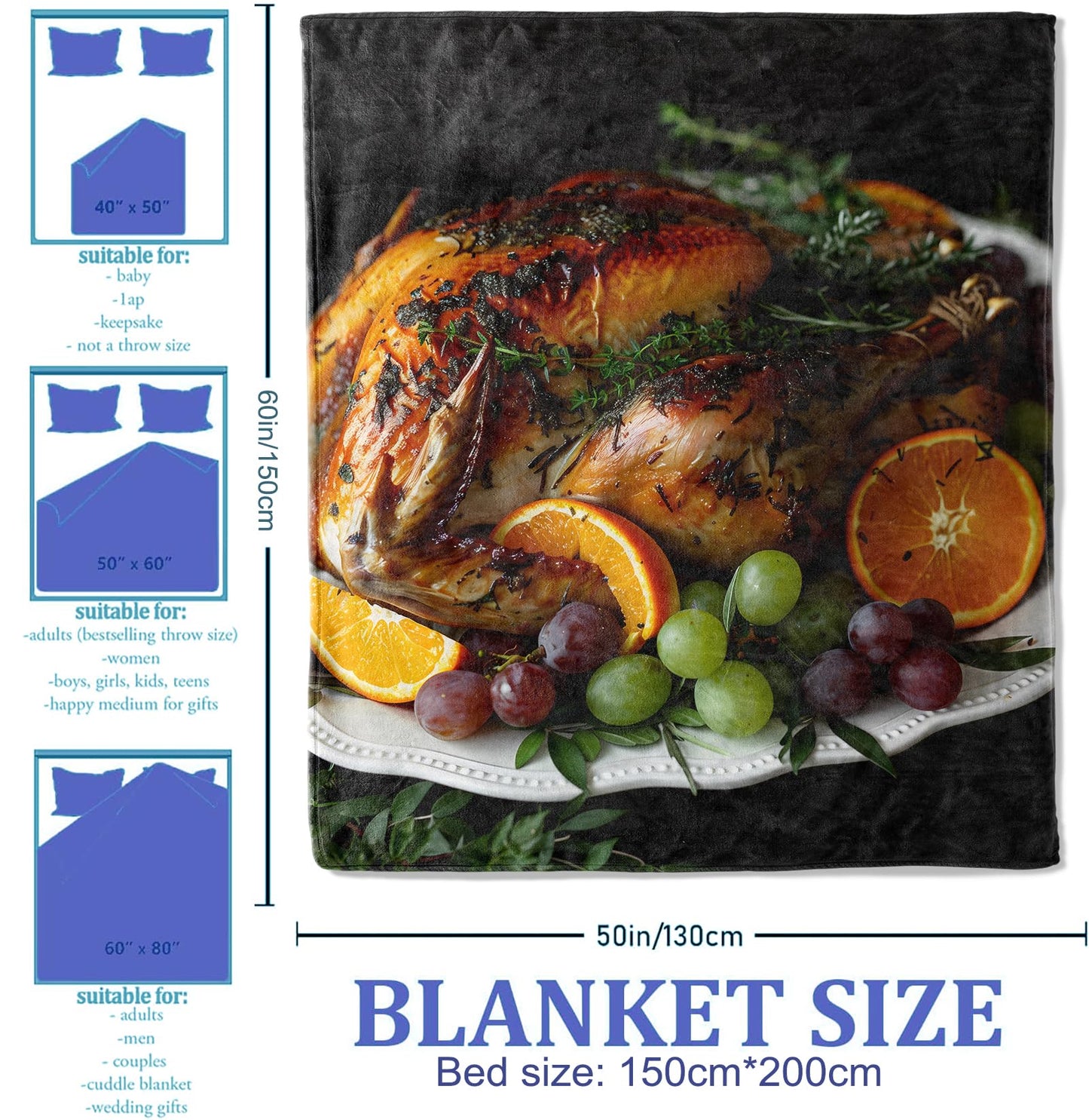 Plistiz Thanksgiving Turkey Throw Blanket 50x60 Inch, Festive Blankets for Cozy Home Decor, Soft Flannel Polyester Gift for Family and Friends