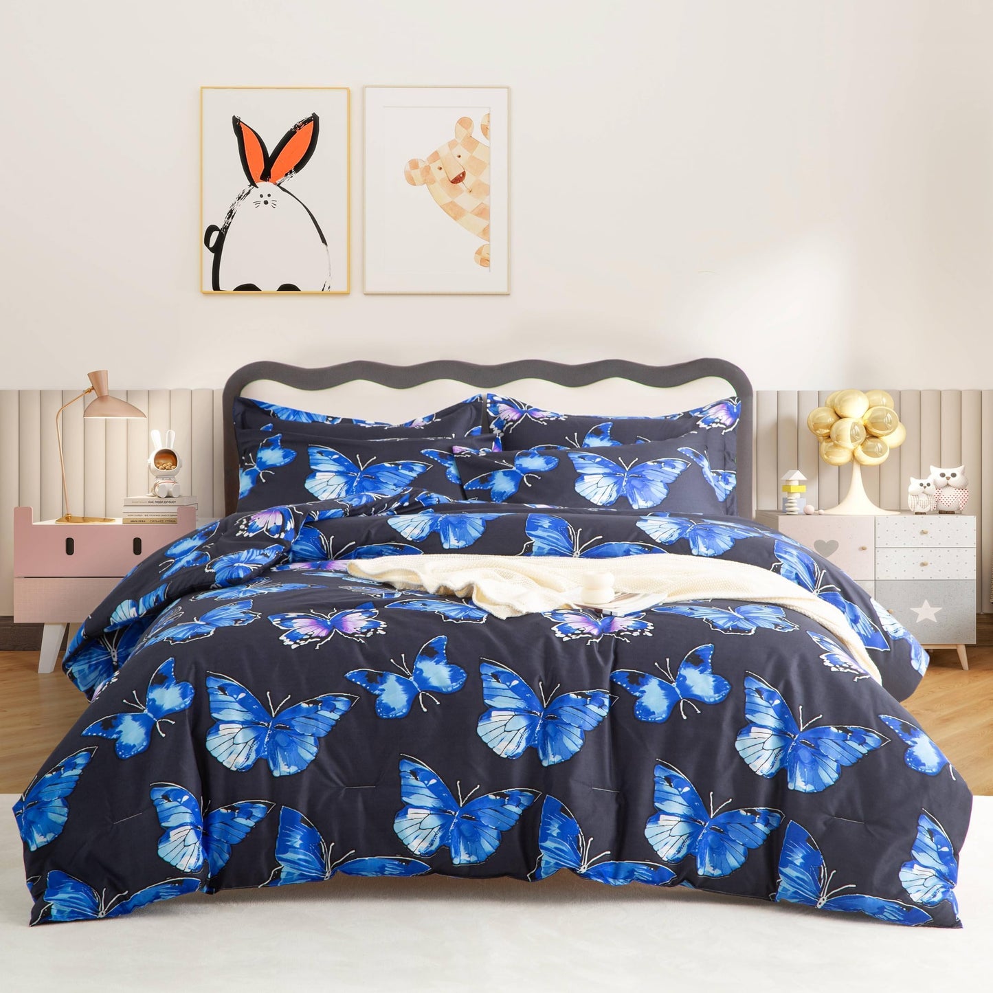 SDIII Blue Butterfly Comforter Set Twin 3 Pieces, Soft Microfiber Lightweight Blue Butterfly Twin Bedding Set for Girls Kids and Teens All Season