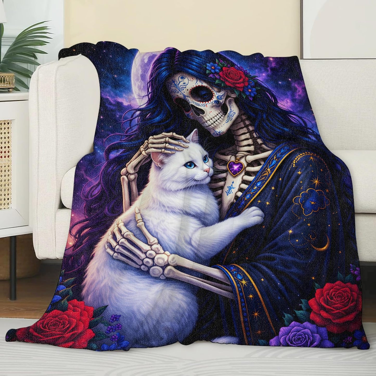 Zeleda Gothic Skeleton Cat Cozy Throw Blanket for Couch Sofa Bed, Soft Flannel Goth Skull Kitten Blankets for Adults Women, Warm Lightweight Romantic Floral Throws for Room Decor Gifts, 50x60 Inches