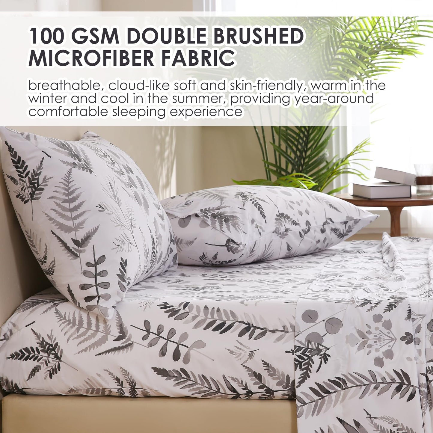 JSD Boho Floral Sheet Set Queen Size, 4 Piece Grey Herbs Ferns Printed Microfiber Bed Sheets Deep Pocket