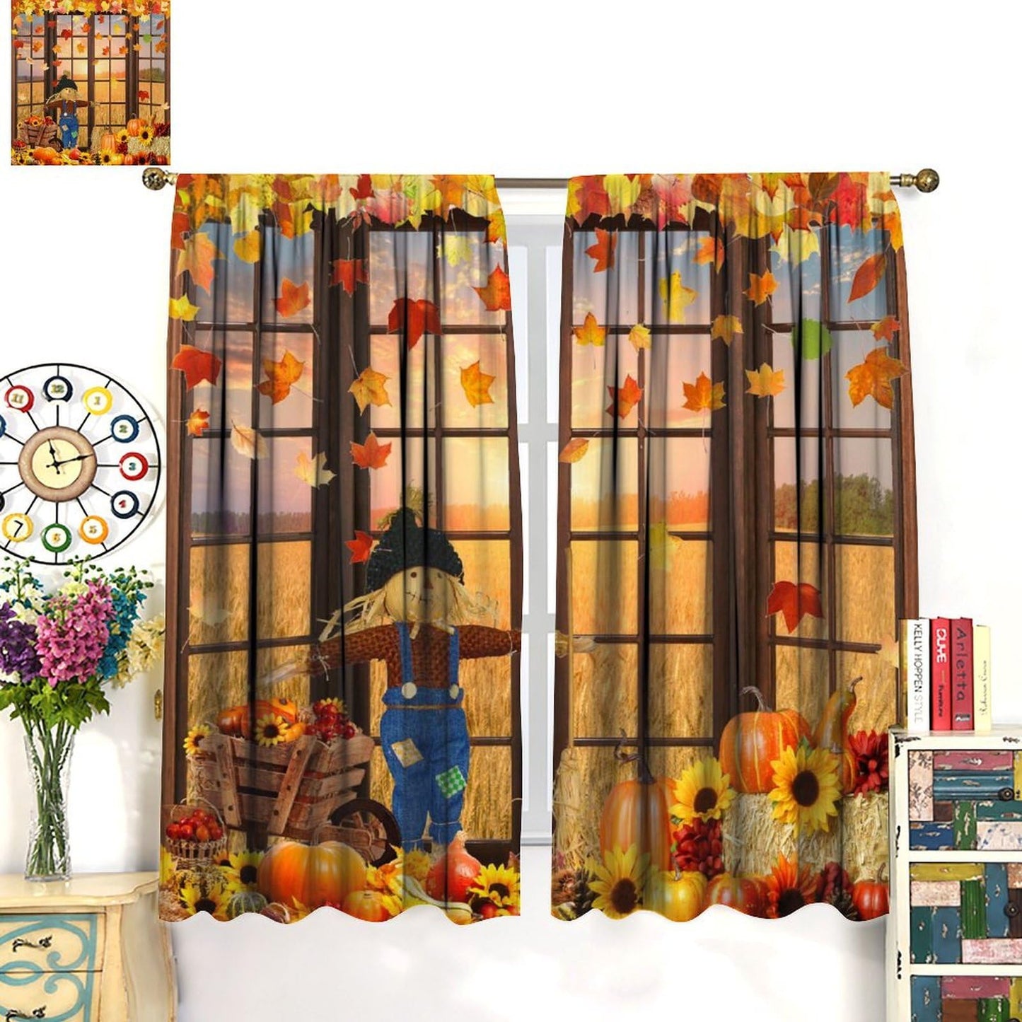 Autumn Decor Curtains for Kitchen,Autumn Sunset Paddy Field Maple Leaf Falling Leaves Harvest Fruit Pumpkin Sunflower Flower Scarecrow Window Drapes for Boys Girls Bedroom Living Room 42x45in