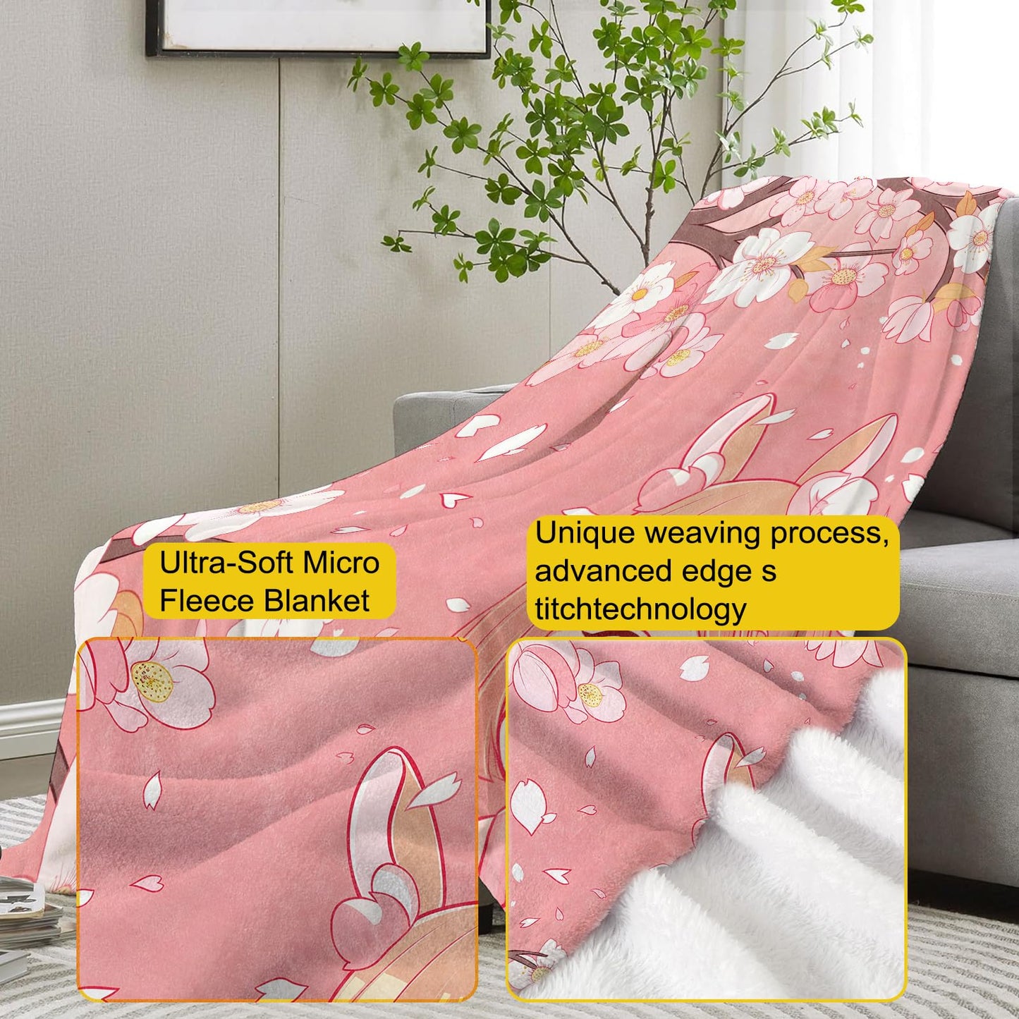 VANZEV Cherry Blossoms and Cute Anime Girl Flannel Blanket,Pink Floral Soft Lightweight Throw Blankets Gifts for Girls Anime Fans,50" x 60" Perfect for Couch Bed Home Travel Decor