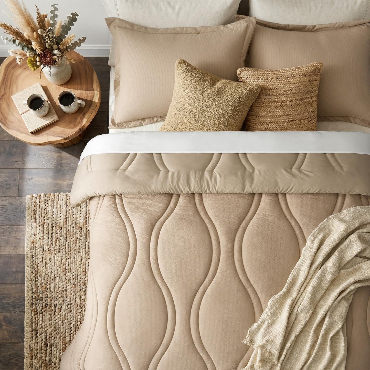 King Size Comforter Set 3 Pieces: Taupe Quilted 104"X90" Comforter With Vase Striped Pattern Design- Modern Dark Khaki Cozy Fluffy Soft All Seasons Jacquard Bed Set with 2 Pillow Shams for Bedroom
