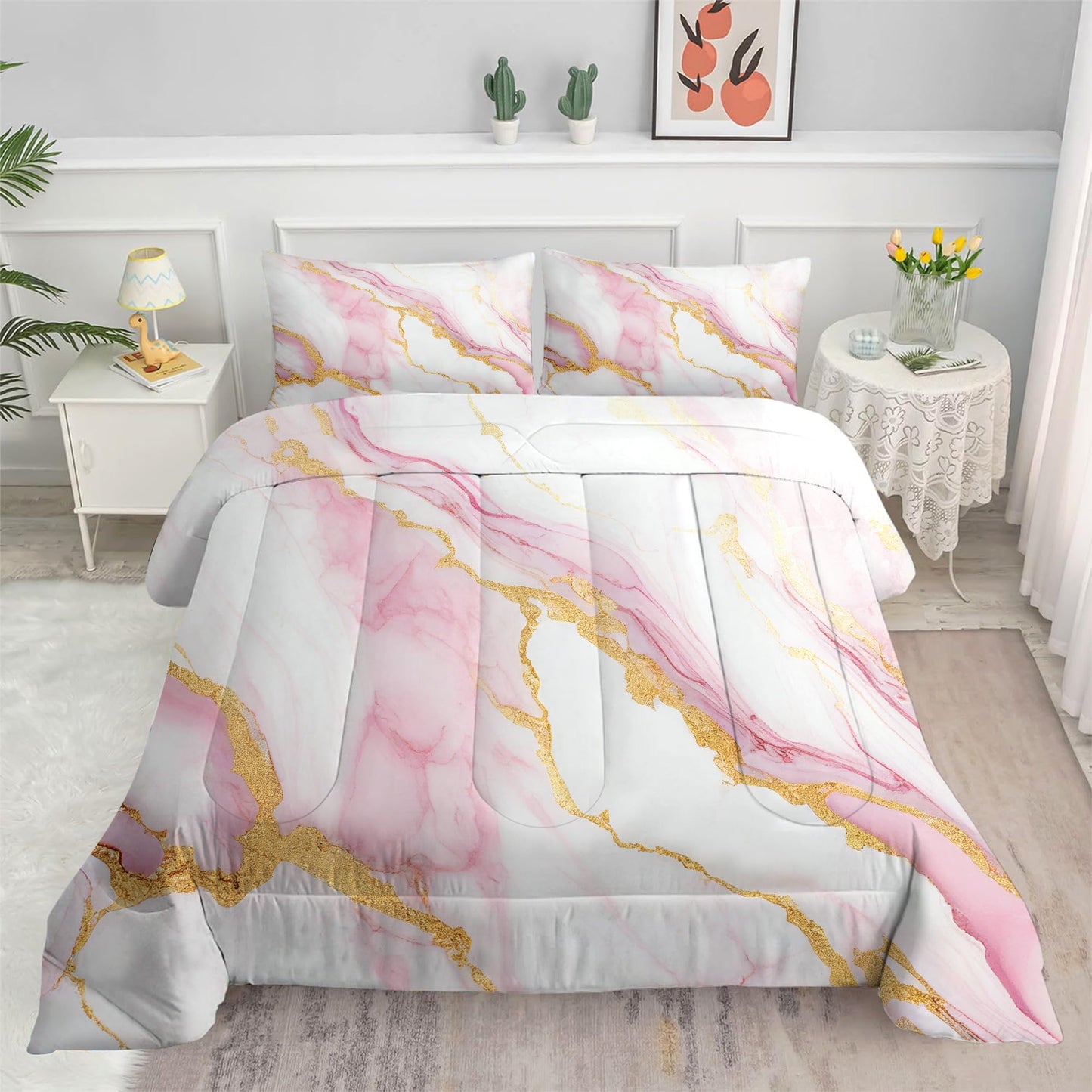 EDGZKO Comforter Set Pink Marble: King Size Bedding Sets for Women Girls Teens Bedroom Luxury Pink Gold Glitter Abstract Marbling Pastel Bed Set 1 Comforter & 2 Pillowcases