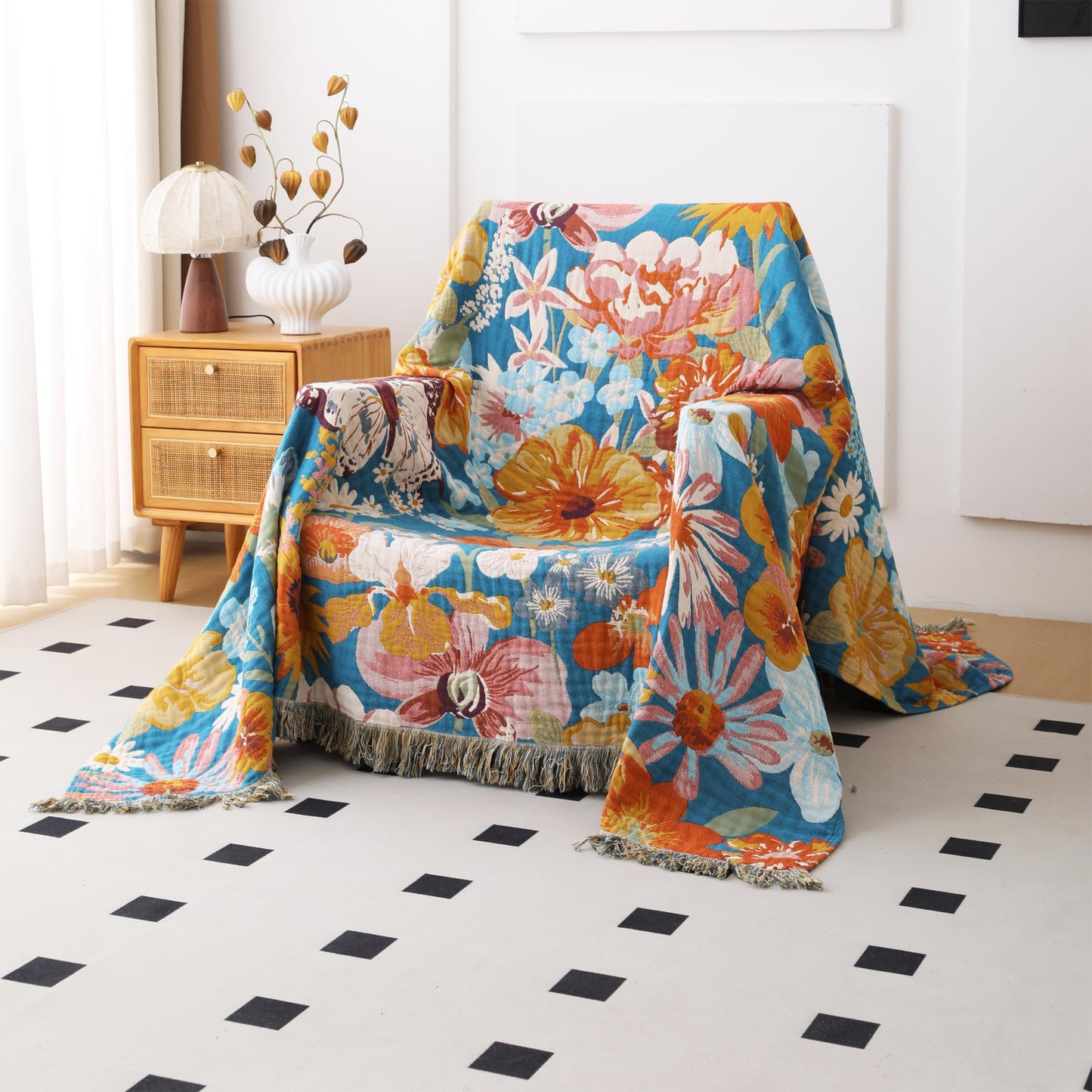BRYALIX 100% Cotton Muslin Floral Throw Blanket, Butterfly Pattern, Lightweight Quilt, Boho Farmhouse Decorative Fringed Reversible Jacquard Throw for Home, Picnic, Travel, 60"x80"