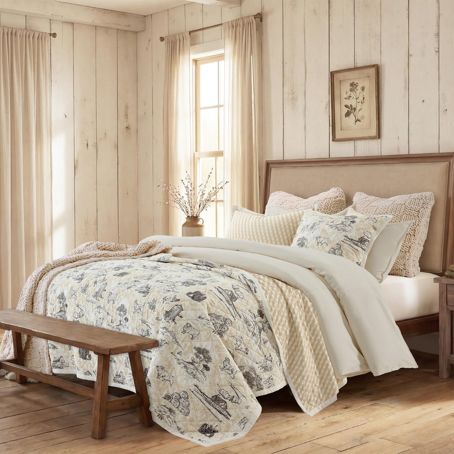 Paseo Road Indigo Hill by HiEnd Accents Farm Life 3 Piece King Size Quilt Set, Animal Farm Barn Toile Print Rustic Bedding, Cream Tan Lightweight Quilt for Farmhouse Bedding and Cabin Bedrooms
