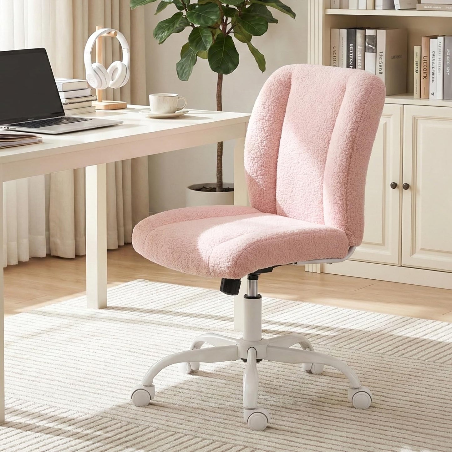 KRAMZMING Vanity Chair with Wheels, Armless Office Chair Height Adjustable, Cute Desk Chair with Soft Lumbar Support for Small Space, Bedroom, Make-up Room, Pink
