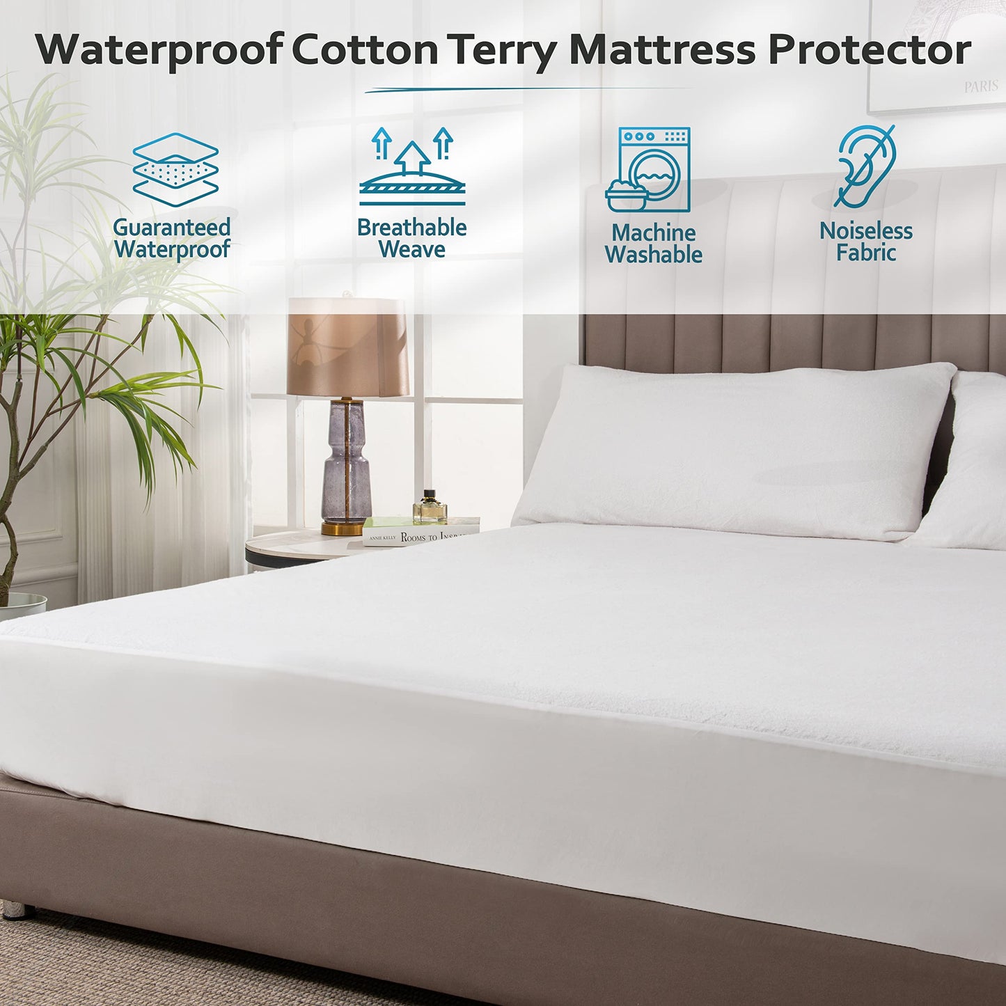 PlushDeluxe Full Mattress Protector, Breathable Soft Terry Cotton Fitted Sheet Bed Cover with Deep Stretchable Pockets, 100% Waterproof, Noiseless, Hypoallergenic, Dust Mite Proof, 54"x75"x15"