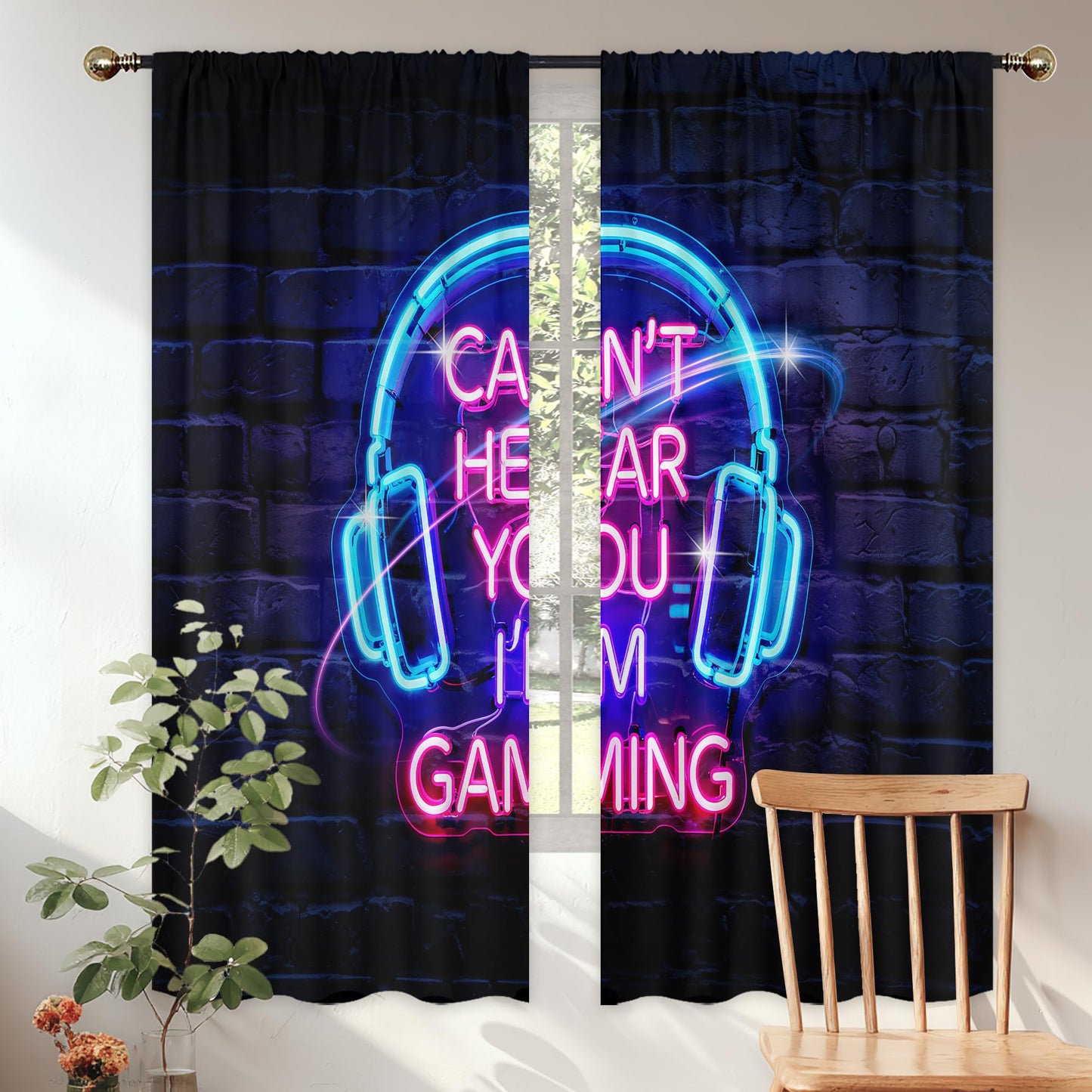 Mitpok Kids Gaming Curtains for Boys Bedroom 42Wx63H Inch Rod Pocket Gamer Game Room Video Game Cool Funny Neon Headset Teens Modern Unique 2 Panels Window Treatment Set for Living Room Decor