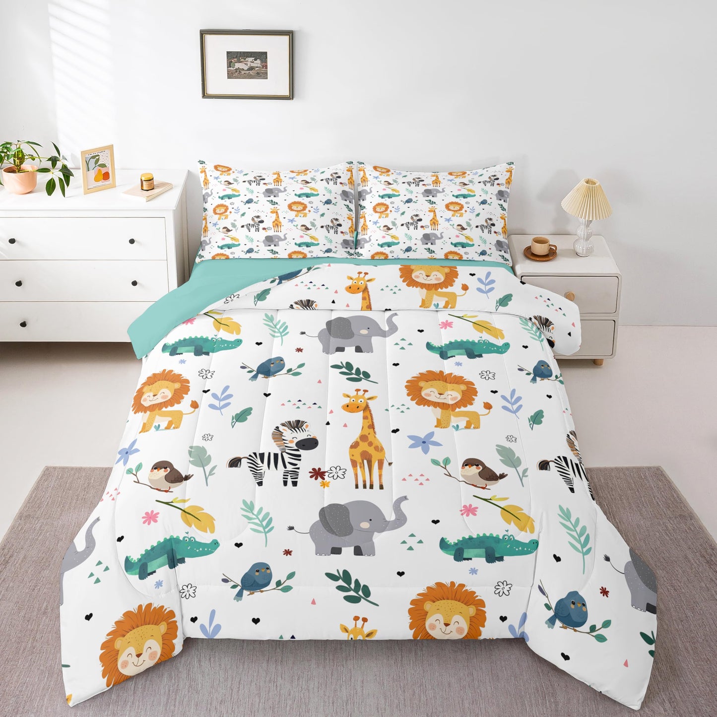 Erosebridal Full Size Zoo Animal Comforter Set, Giraffe Lion Elephant Bedding Set, Cute Wild Animals Down Comforter for Kids Teens Boys Girls Bedroom, Cartoon Safari Wildlife Quilt,Lightweight