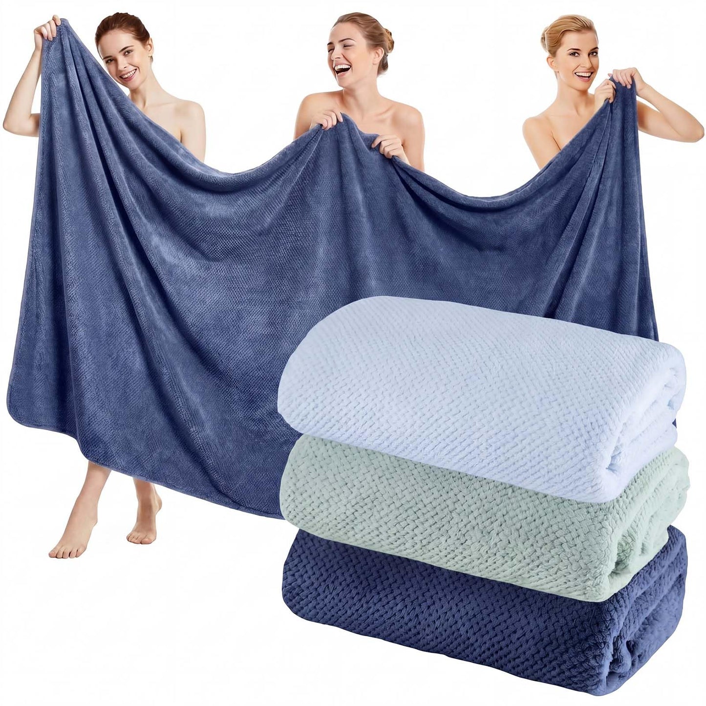Moukeren 3 Pcs Oversized Bath Towel Set 40'' x 80'' Extra Large Microfiber Bath Sheets Jumbo Quick Dry Coral Fleece Absorbent Towel for Shower Beach Yoga Spa Body(Blue,Green)