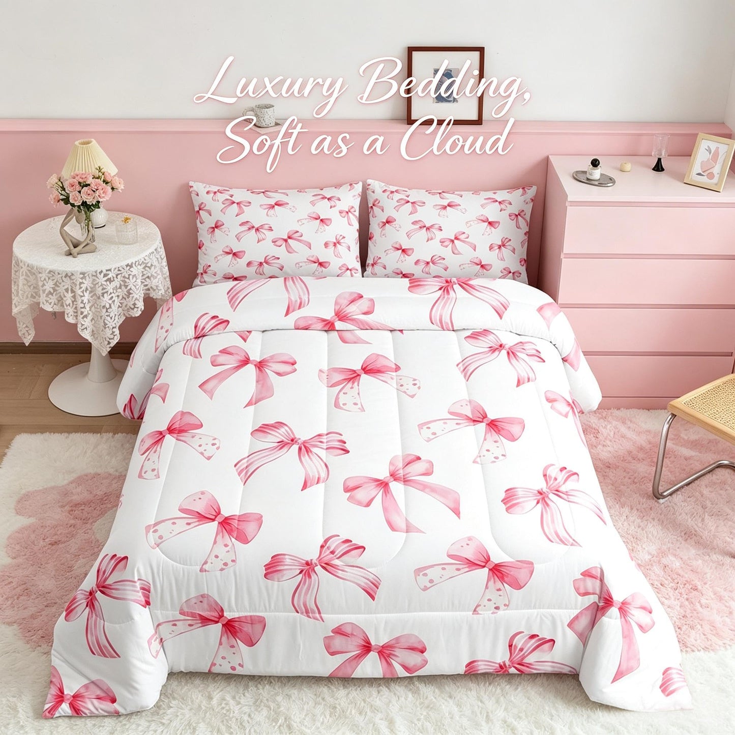 Feelyou Kawaii Pink Bow Bedding Set for Kids Boys Girls Twin Size Cute Dreamy Princess Style Comforter Set Ultra Soft Bow Pattern Comforter Cute Coquette Bow Knot Duvet Quilt Bedroom Decor Quilt