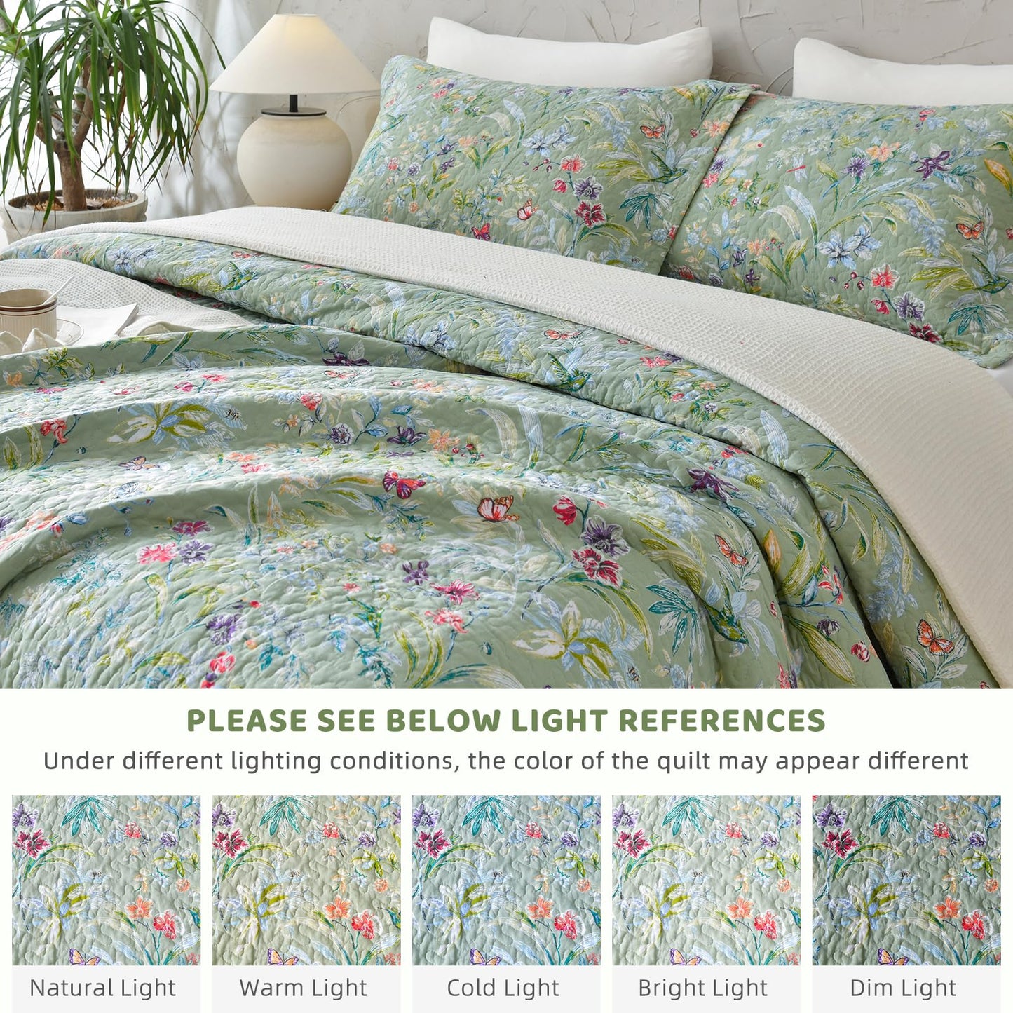 Sanracie Oversized King Bedspread(128"x120"),100% Cotton Green Floral Quilt Set 3Pcs Lightweight Flower Bird Butterfly Print Botanical Bedding Coverlet California King Size Extra Large Wide