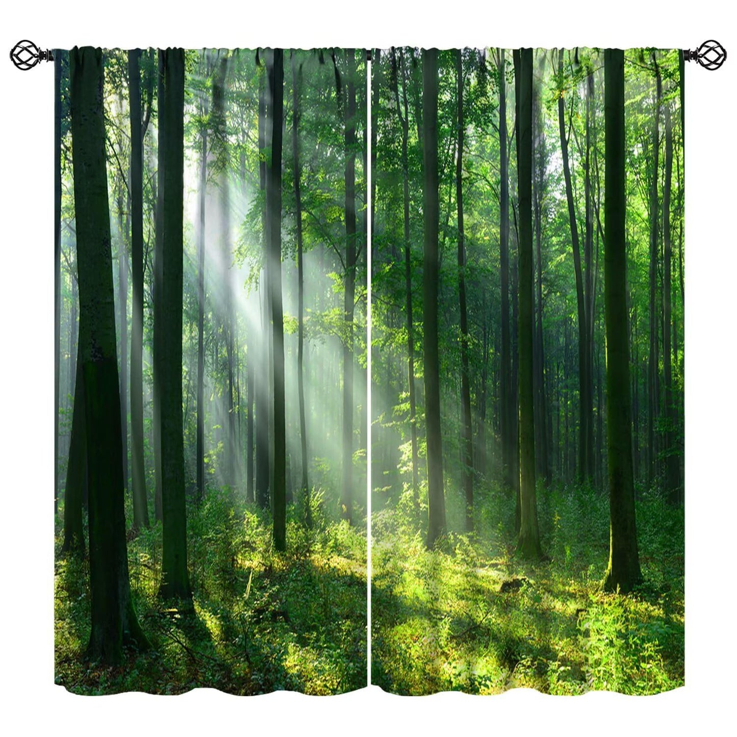 Green Misty Forest Curtains Nature Sunshine Sunlight Through Trees Leaves Natural Forest Woodland Landscape for Bedroom Living Room Rod Pocket Decoration Window Drapes 2 Panels W21xL63i W21xL45in