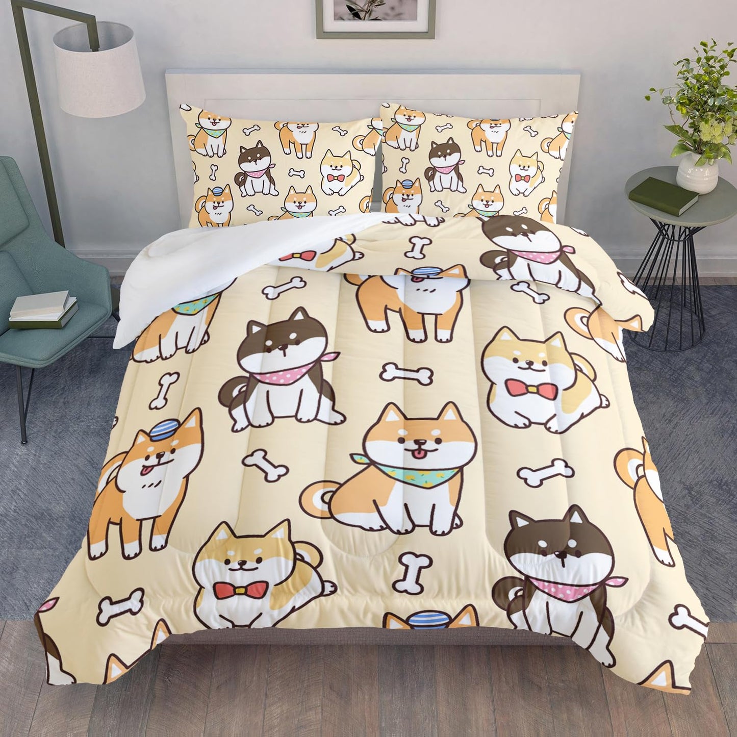 XYNHML Kawaii Cartoon Corgi Dog Animal Themed 3Pcs Comforter Full Yellow Black Dogs Pattern Bedding for Kids Teens Girls Boys Cute White Bone Quilt Bed Decor Set with 1 Comforter and 2 Pillowcases