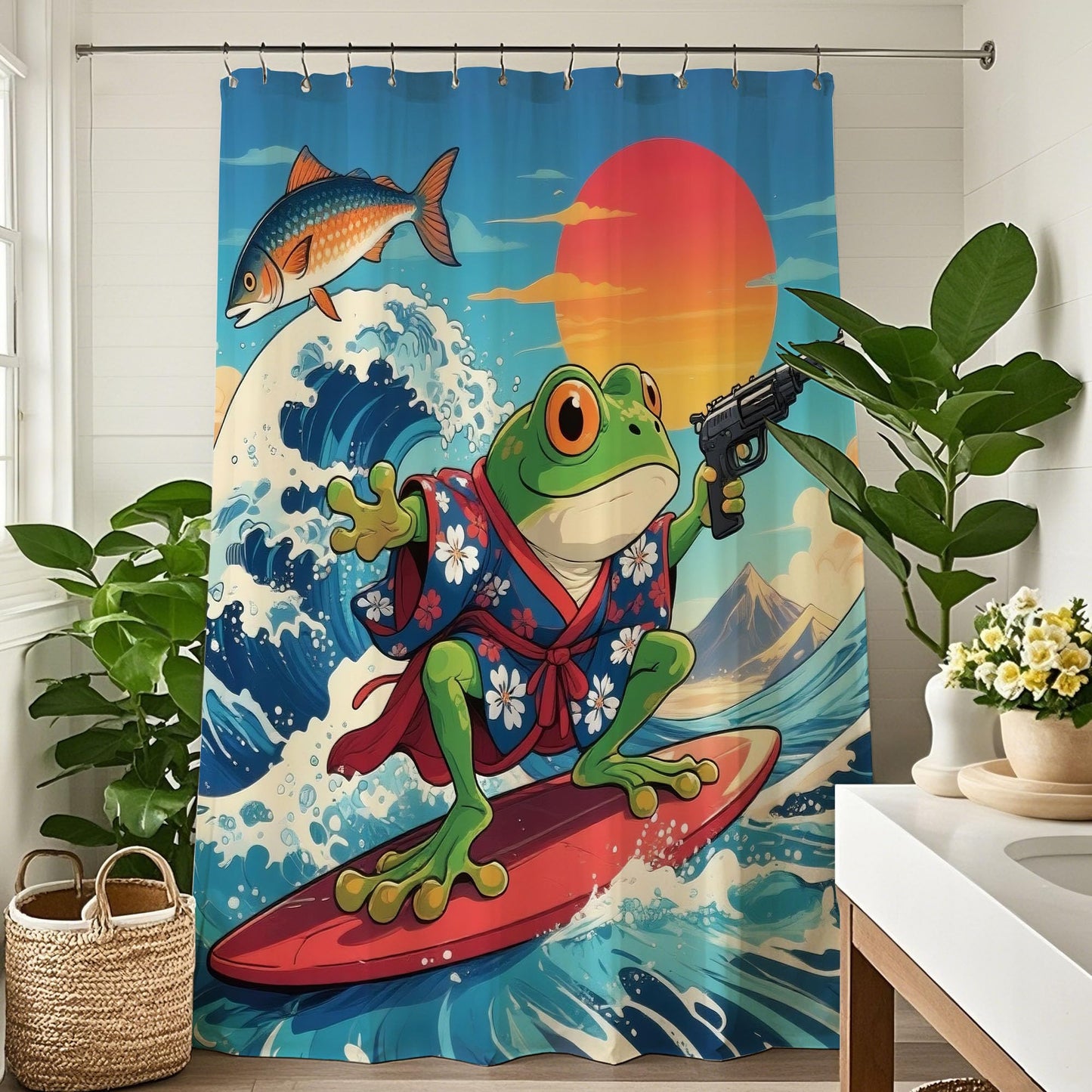 Pakena Funny Japanese Frog Surf Ocean Shower Curtain Ocean Kraken Fish Nautical Shower Curtains Set Cool Animal Blue Sea Waves Summer Beach Coastal Bath Curtain Kids Fun Bathroom Decor 60x72 Inch