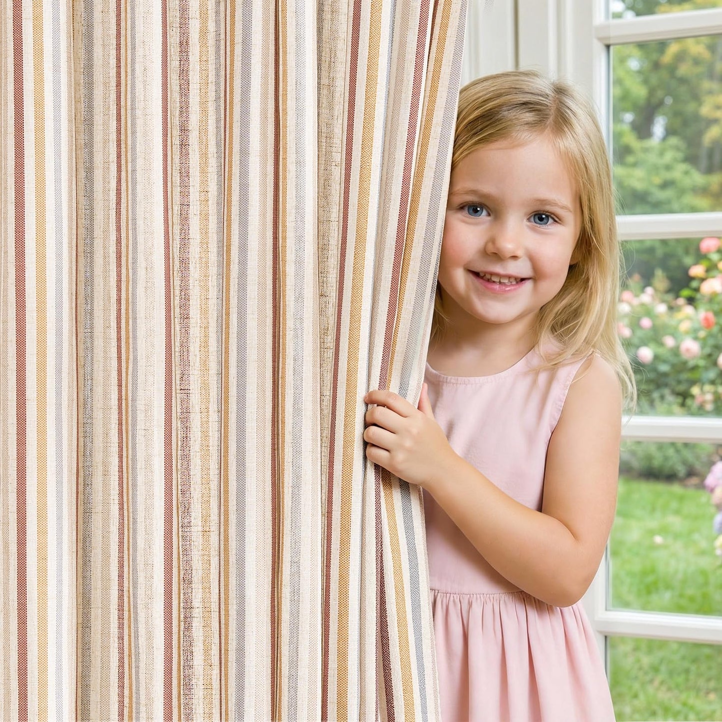jinchan Linen Curtains for Nursery Bedroom 84 Inch Long Multi Red on Beige Striped Curtains for Living Room Cute Ticking Stripe Farmhouse Baby Girl Kids Room Light Filtering Grommet Drapes 2 Panels