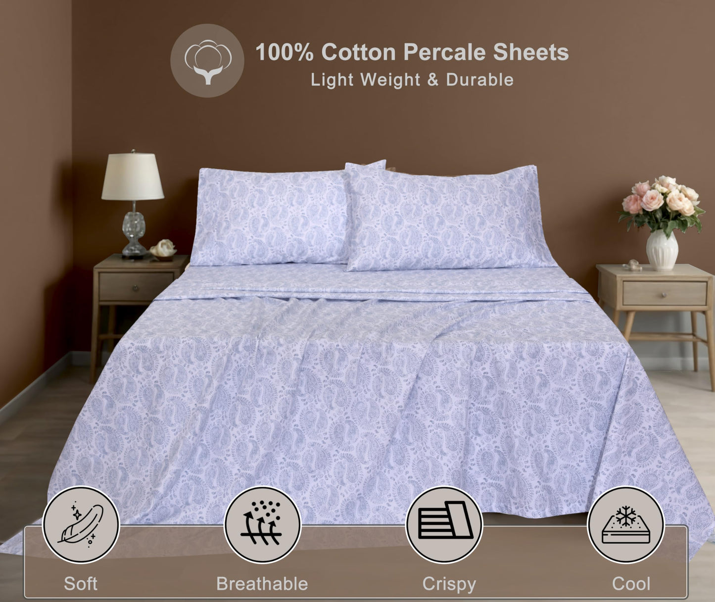ZOYER 100% Cotton Percale Sheets Queen – Cooling Breathable Bed Sheets for Hot Sleepers, Crisp Hotel Style Bedding, Deep Pocket 16”, Lightweight Soft Durable 4 Pcs Sheet Set, Paisley Imprint