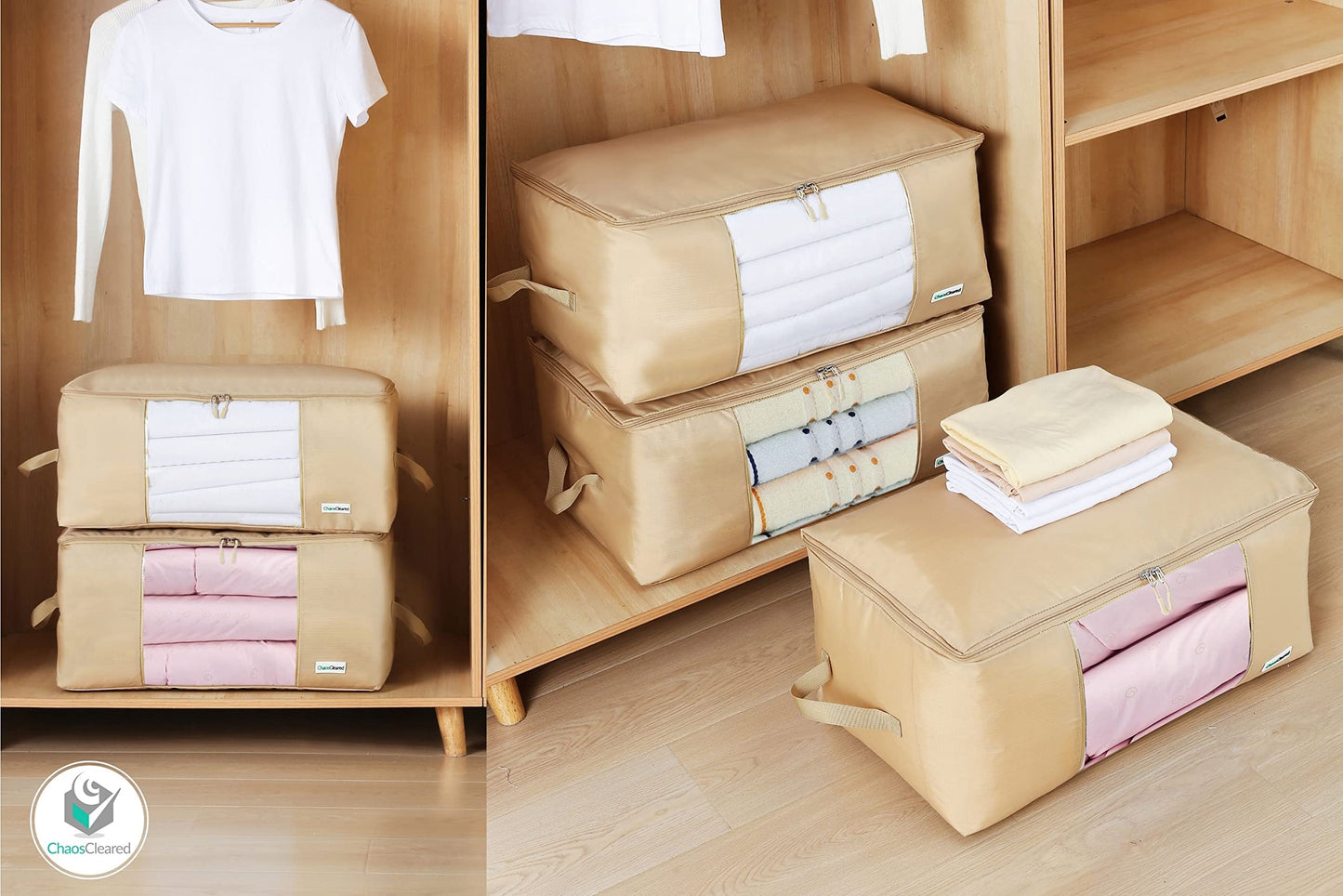 Comforter Storage Bag - Folding Organizer bag for King/Queen Comforters, Pillows, Blankets, Bedding/Quilt, Blanket, Duvet, Large Collapsible Organizers, 24"x14"x11" (Beige, 1-Pack)