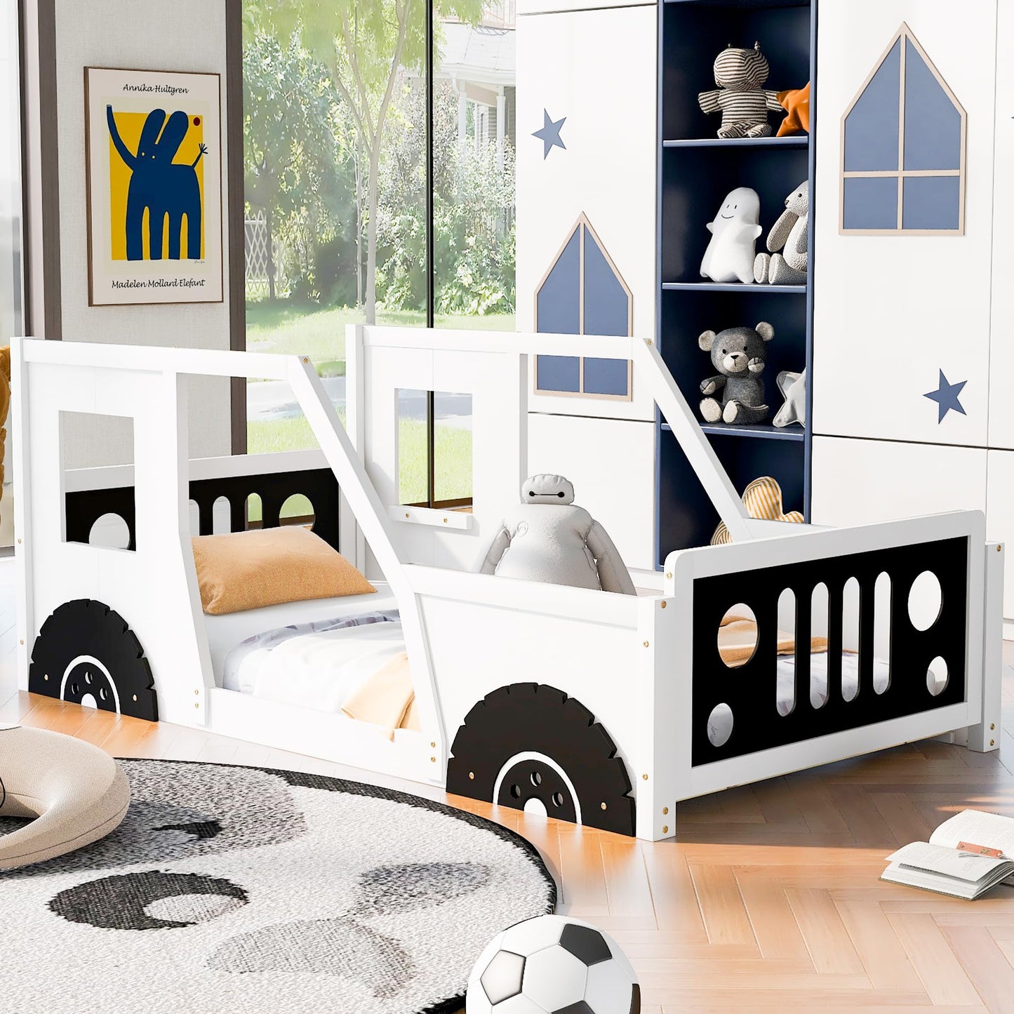 Bellemave Twin Size Car Bed, Classic Car-Shaped Platform Bed with Wheels, Wood Twin Montessori Floor Bed for Kids Boy Girls (White+Black)