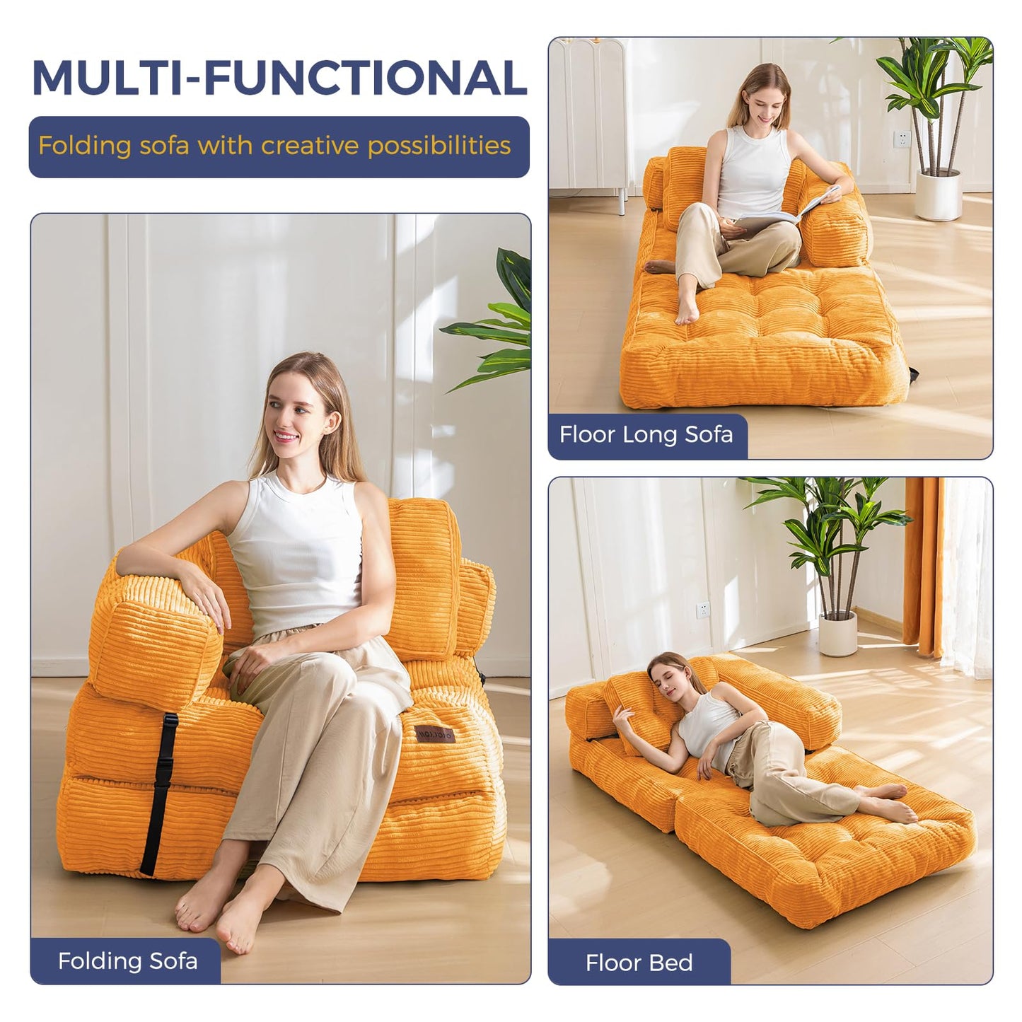 MAXYOYO Folding Sofa Bed, L-Shaped Convertible Sofa Bed Foldable Couch with Pillow, Portable Fold Out Chair Lounge for Living Room Bedroom, Orange