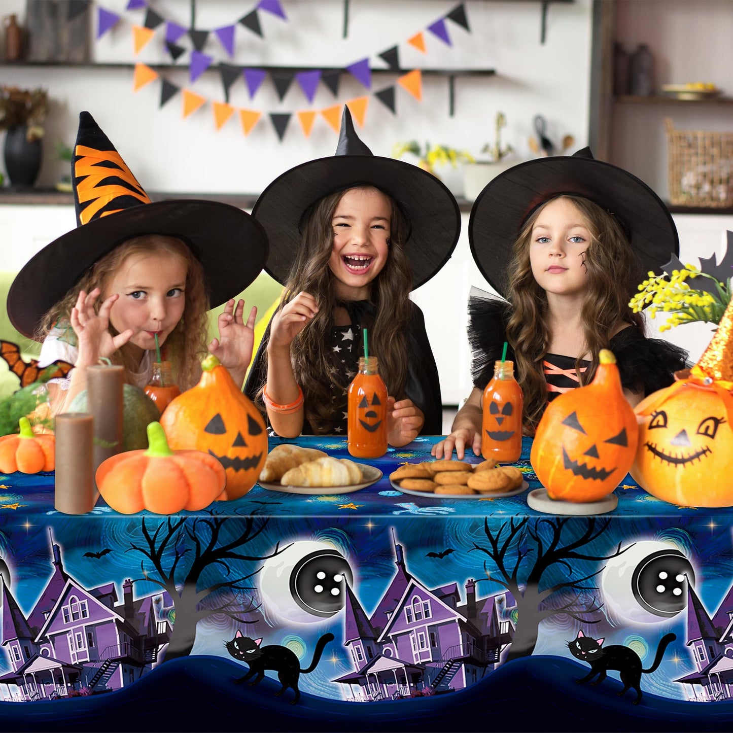 Andi Cppss Starry Night Plastic Tablecloth - 3PCS Starry Night Halloween Table Cover Black Cat Button Eyes Print Plastic Disposable Rectangle Table Cover for Kid Birthday Party Supply (51.2x86.6 Inch)