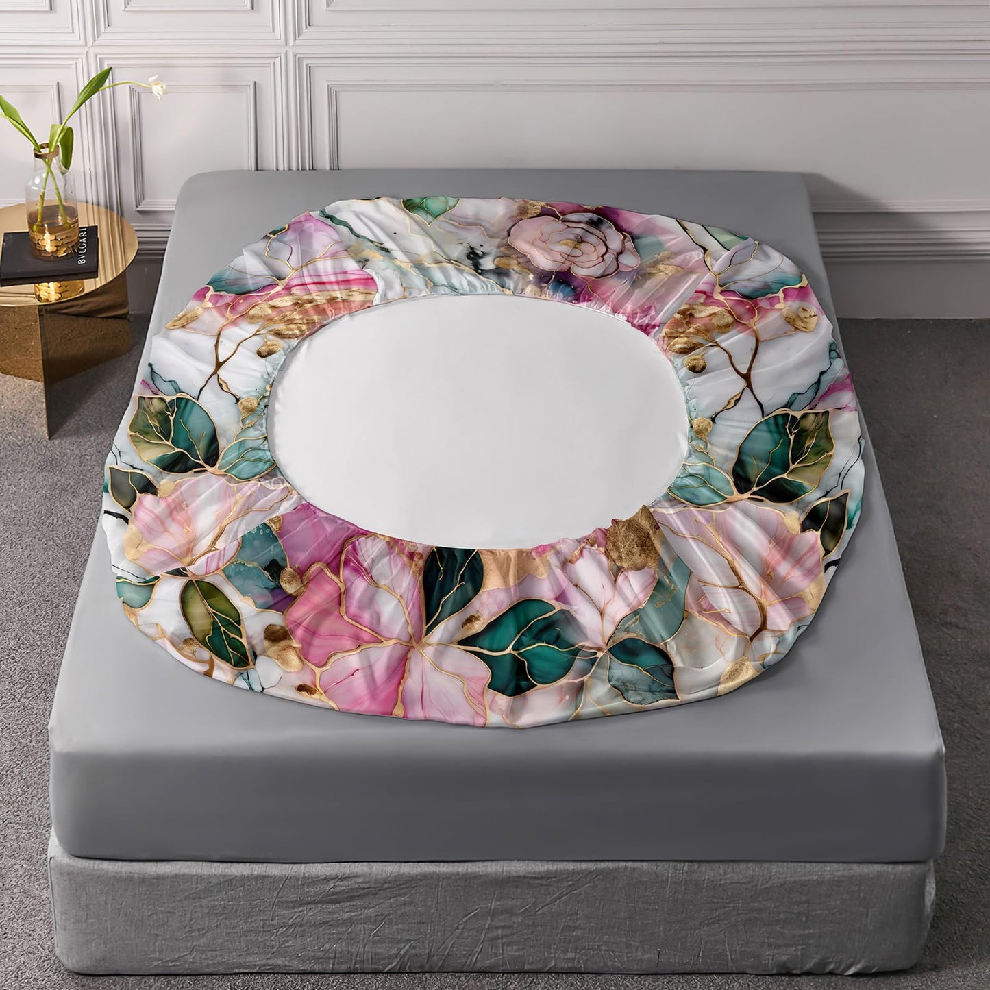 AILONEN Flower Fitted Sheet Set Queen Size, Marble Printed Watercolor Bedding Set for Kids Teens Adults,Pink and Green Bed Sheet Set,1 Fitted Sheet + 2 Pillowcases,3Pcs