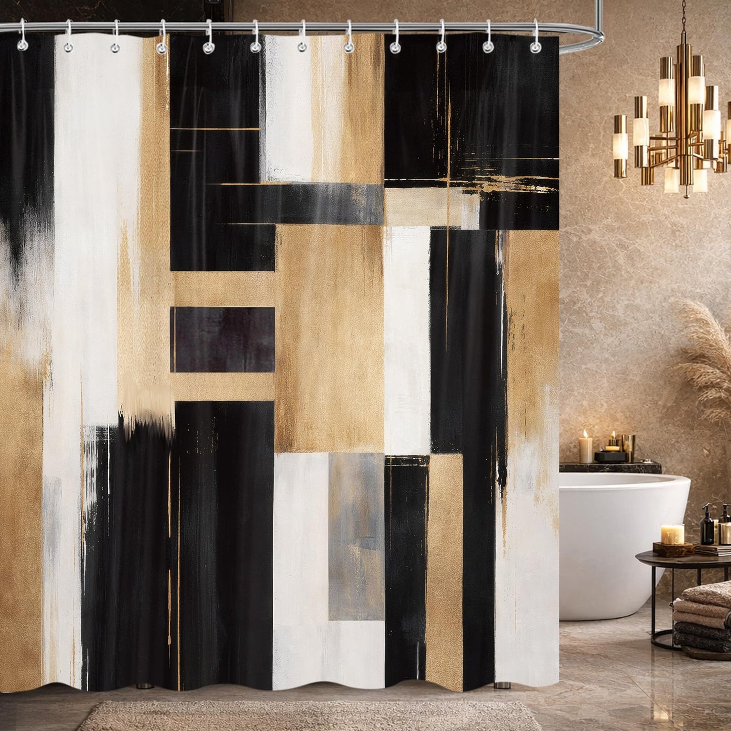 Emwnodti Black Gold Abstract Shower Curtain, Boho Modern Aesthetic Bathroom Decor with 12 Hooks, Waterproof Polyester Fabric Bath Curtain, 72x72 Inch