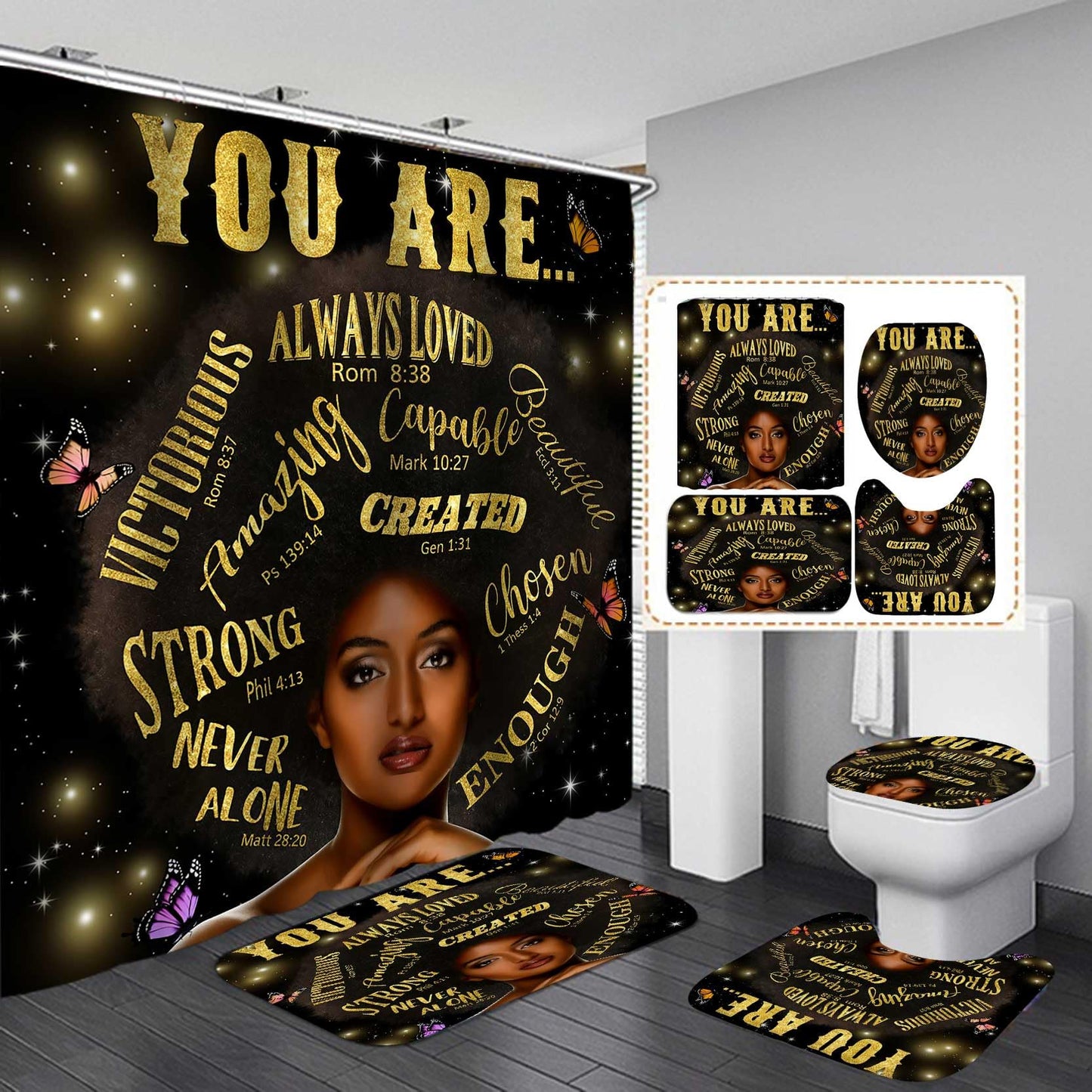 Jayden Madge 4PCS Afro Black Girl Shower Curtain Set, Purple Orange Butterfly Gold Glitter Motivational Quotes Elegant Melanin Queen African American Woman Bathroom Decor, Non-slip Bath Mat Toilet Rug