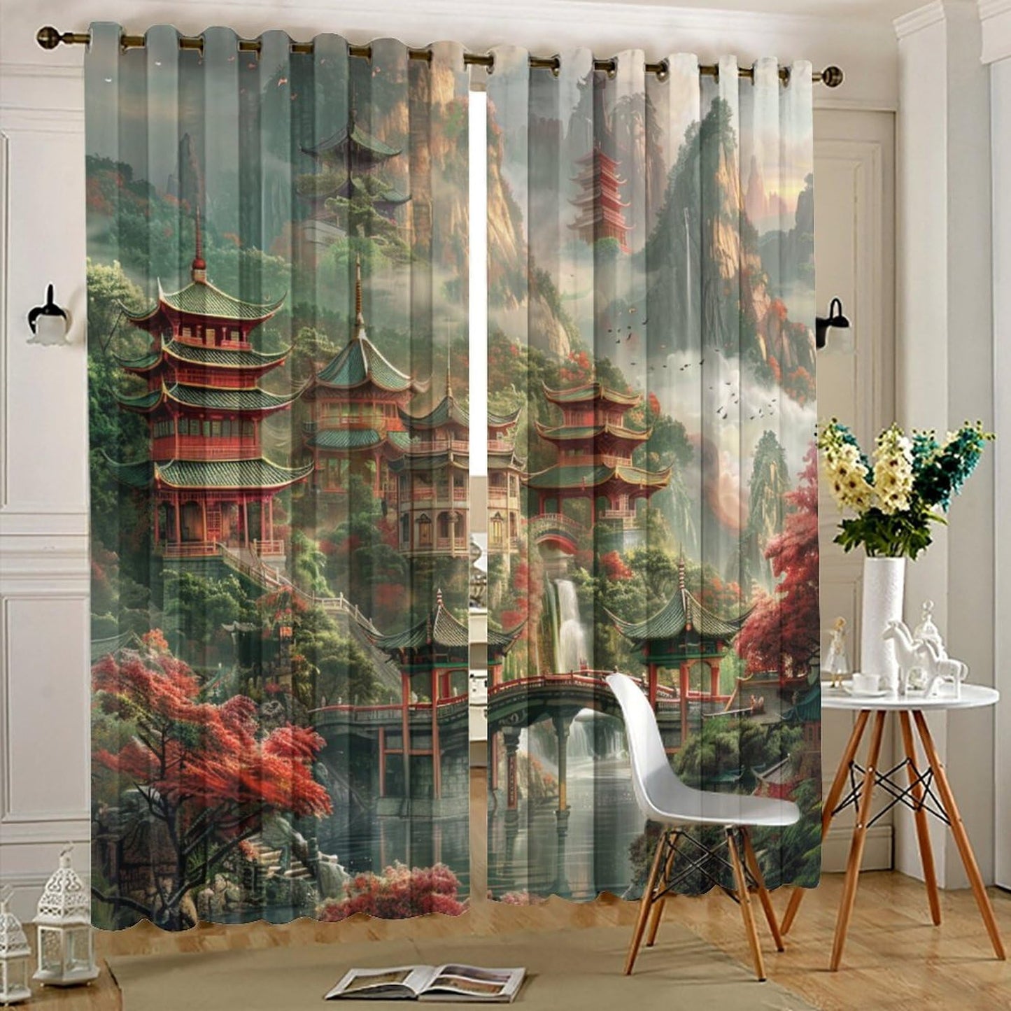 HDESDIS Fantasy Chinese Building Grommet Blackout Curtains for Bedroom, Mountain Waterfall Lake Forest Thermal Insulated Curtains Room Darkening Window Drapes, 21W x 45L, 2 Panels