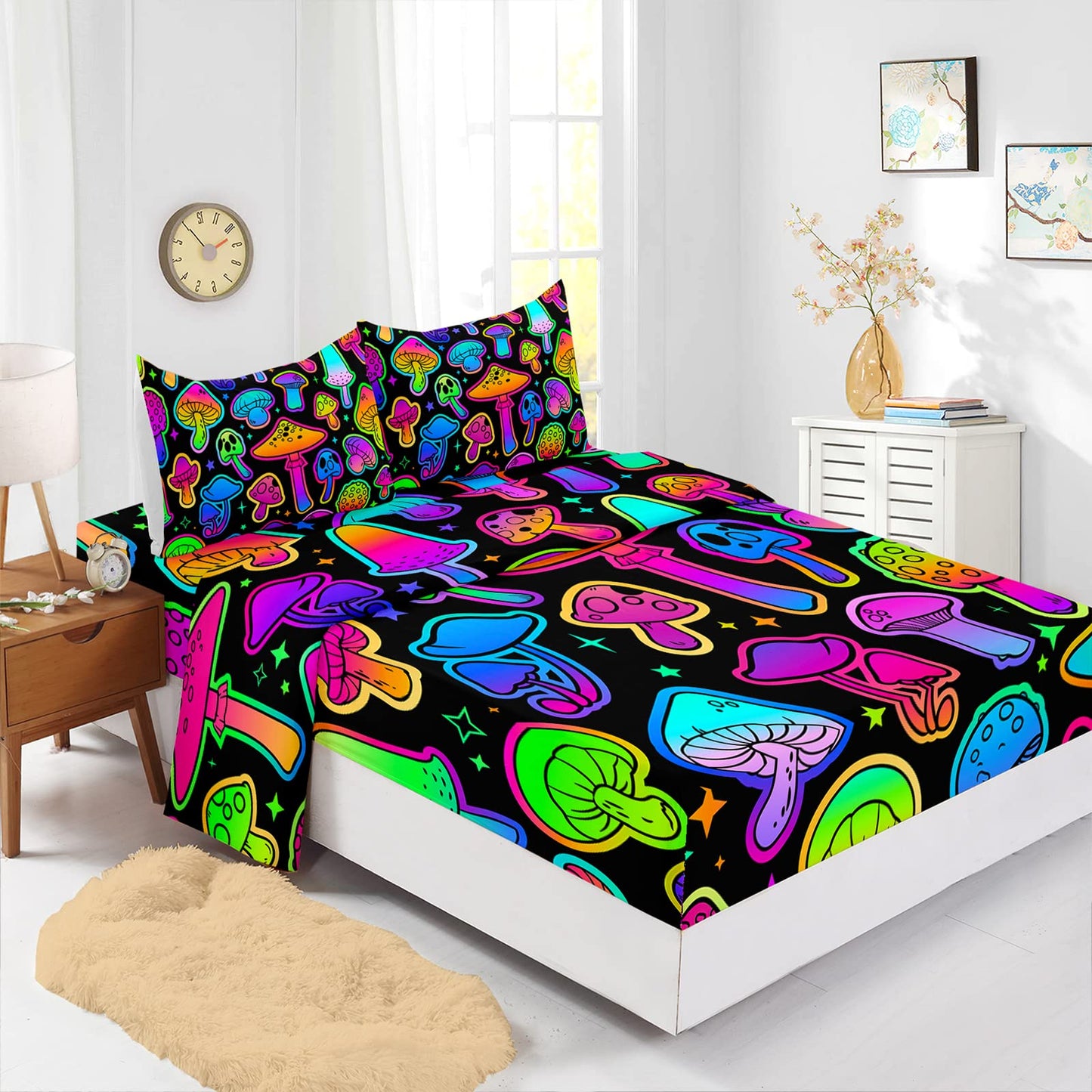 Axolotl Mushroom Sheet Set Kids Bedding Twin,4Pcs Colorful Soft Gradient Mushroom Bedding Set with 1 Fitted Sheet 1 Flat Sheet 2 Pillowcases,Cute Bed Sets for Kids Boys Girls Teens Adults,Black Neon