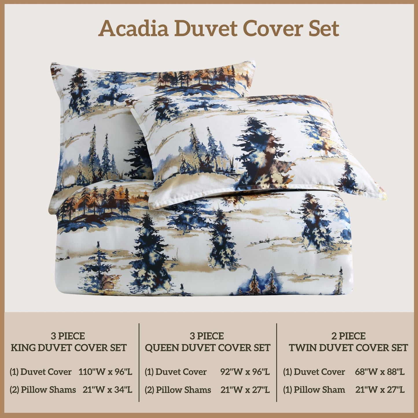 Paseo Road Cabin Bedding Acadia 3 Piece Lodge Duvet Cover Set with Pillow Shams, Queen Forest Bedding, Cotton Pine Trees Comforter Cover Set, Woodland Nature Rustic Bed Set