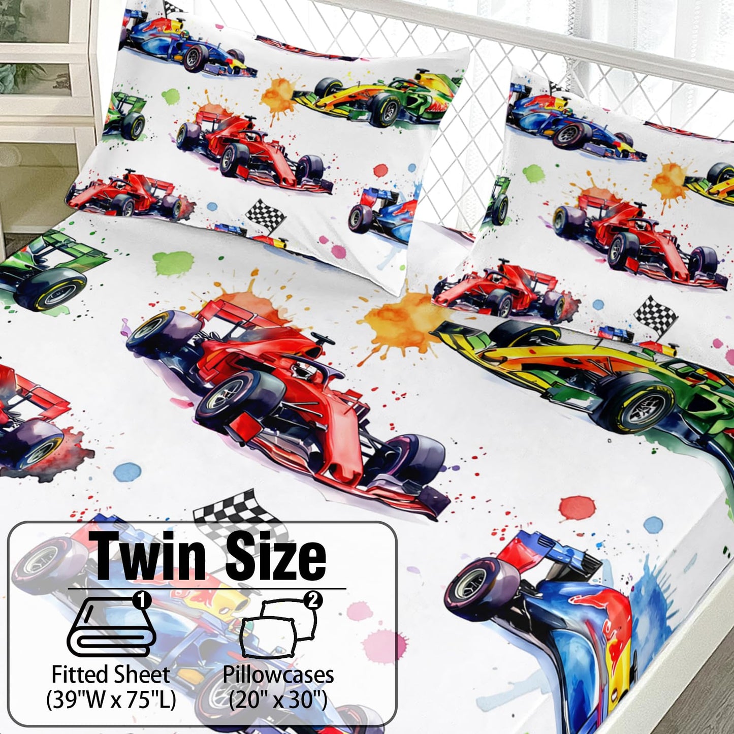 AILONEN Watercolor Race Car Twin Fitted Sheet Set 3 Piece,Artistic Sports Vehicle Bedding with 2 Pillowcases,Paint Splatter Linens for Boys Kids,16 Inch Deep Pocket Microfiber