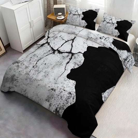 PAISUOQ Abstract Duvet Cover Full, Funny Man Bedding, Black & Gray Comforter Cover with 2 Pillow Cases, 3 Pieces with Zipper & Ties, Bedroom Decor & Gifts
