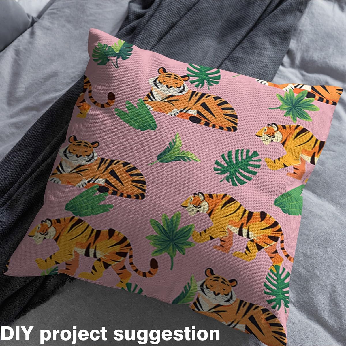 Cute Tiger Fabric by The Yard Watercolor Tropical Green Palm Leaves No Stretch Sewing Fabric Cartoon Wild Jungle Animals Soft Flannel Polyester Fabric for Home DIY Projects 1 Yard Pre-Cut,36"x59"