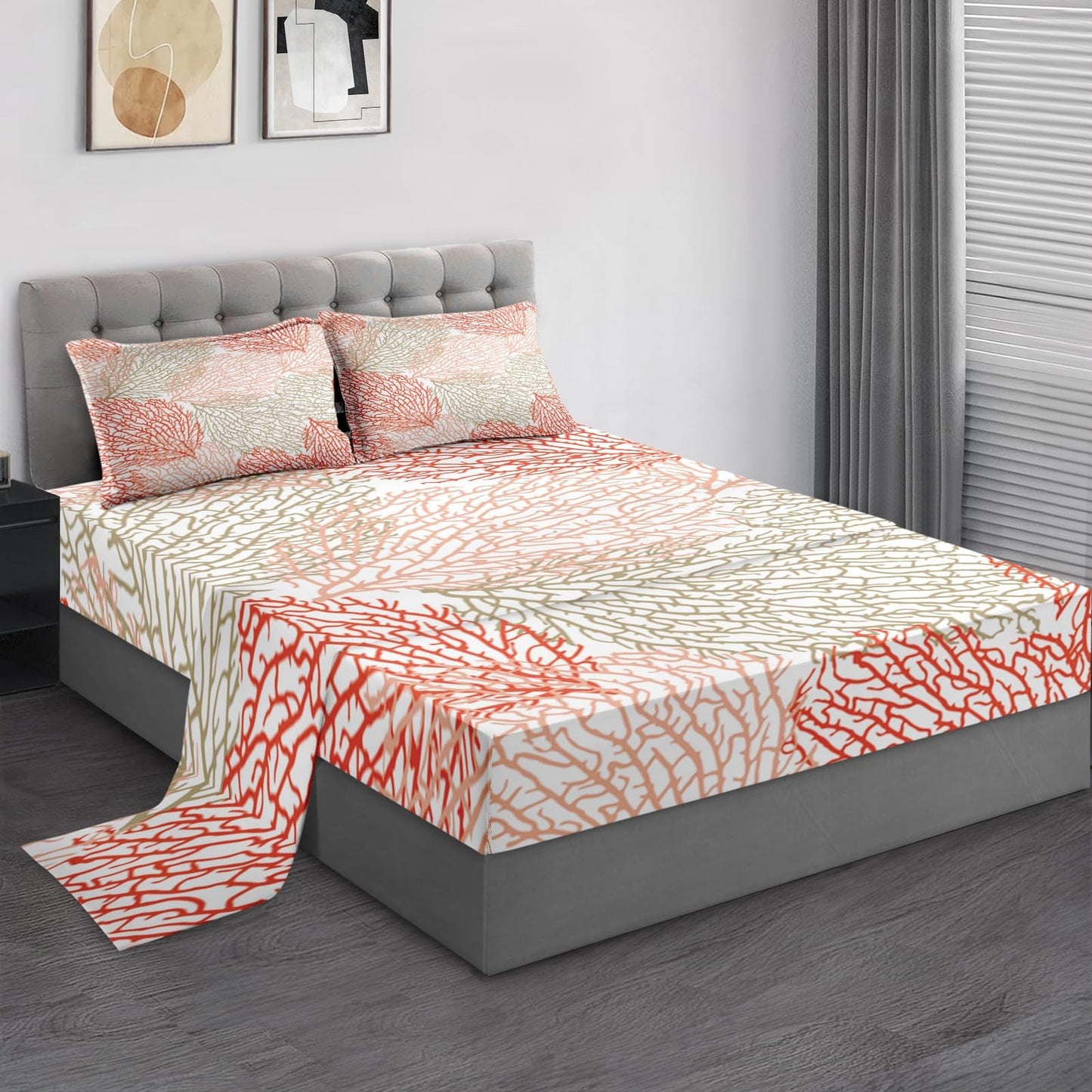 Pamnest Full Size Bed Sheet Sets, Coral Summer Coastal Soft Microfiber 4 Pcs Bedding Sets for Kids and Adults Bedroom Bed Decor, Ocean Sea Tropical Plant Flat, Fitted Sheet and 2 Pillowcases