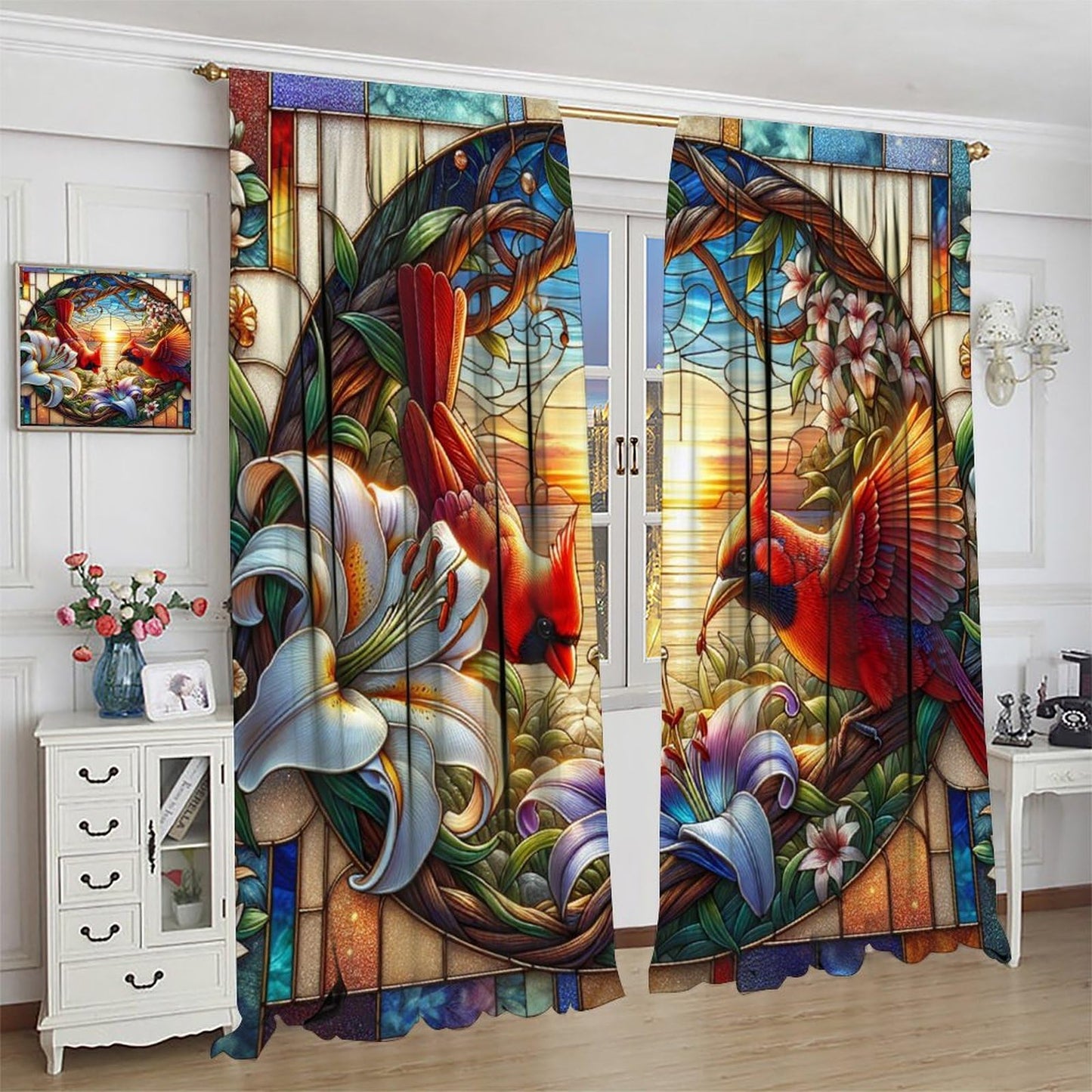 FengMingRui Stained Glass Cardinal Curtain Nature Scenery Floral Flowers Bird Abstract Geometry Window Treatments for Kids Boys Girls Bedroom Living Room Window Drapes 42" W X 45" L