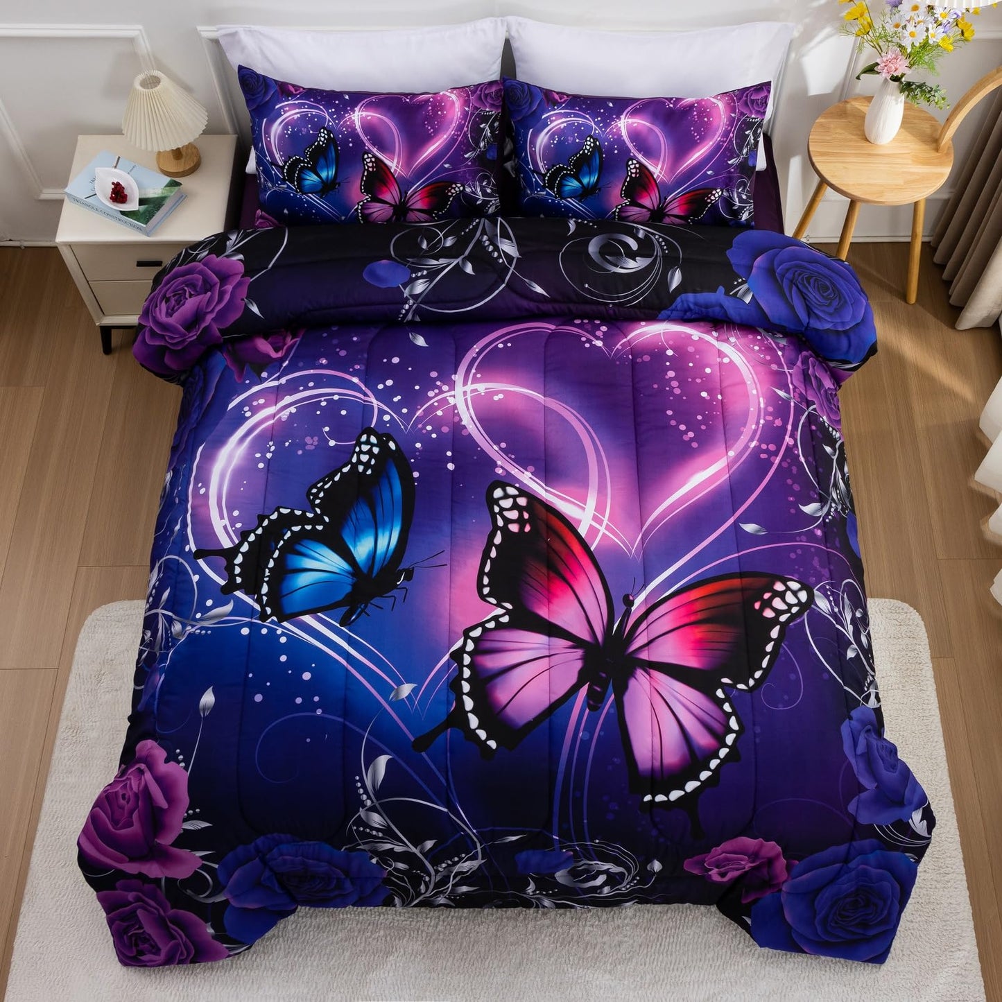 A Nice Night Galaxy 6pcs Bed in a Bag Purple and Blue Dreamy 3D Butterfly Printed, Butterflies Bedding Full Comforter Set, for Girls Kids Teens