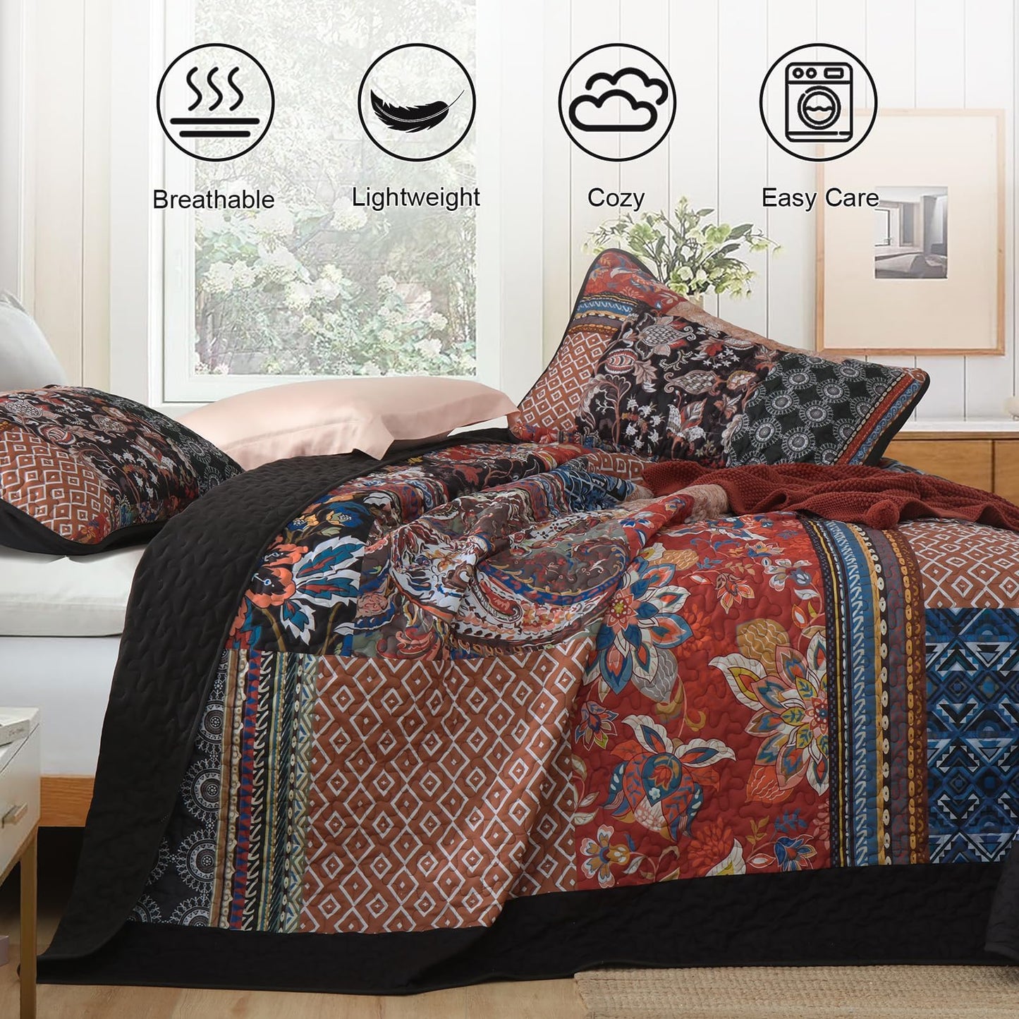 DJY Patchwork Quilt Set King Size Boho Bedspread Coverlet, Black Coral 3 Pieces Paisley Floral Quilted Bedding Set, Lightweight Bohemian Farmhouse Reversible Bed Cover for All Season 110''x90''