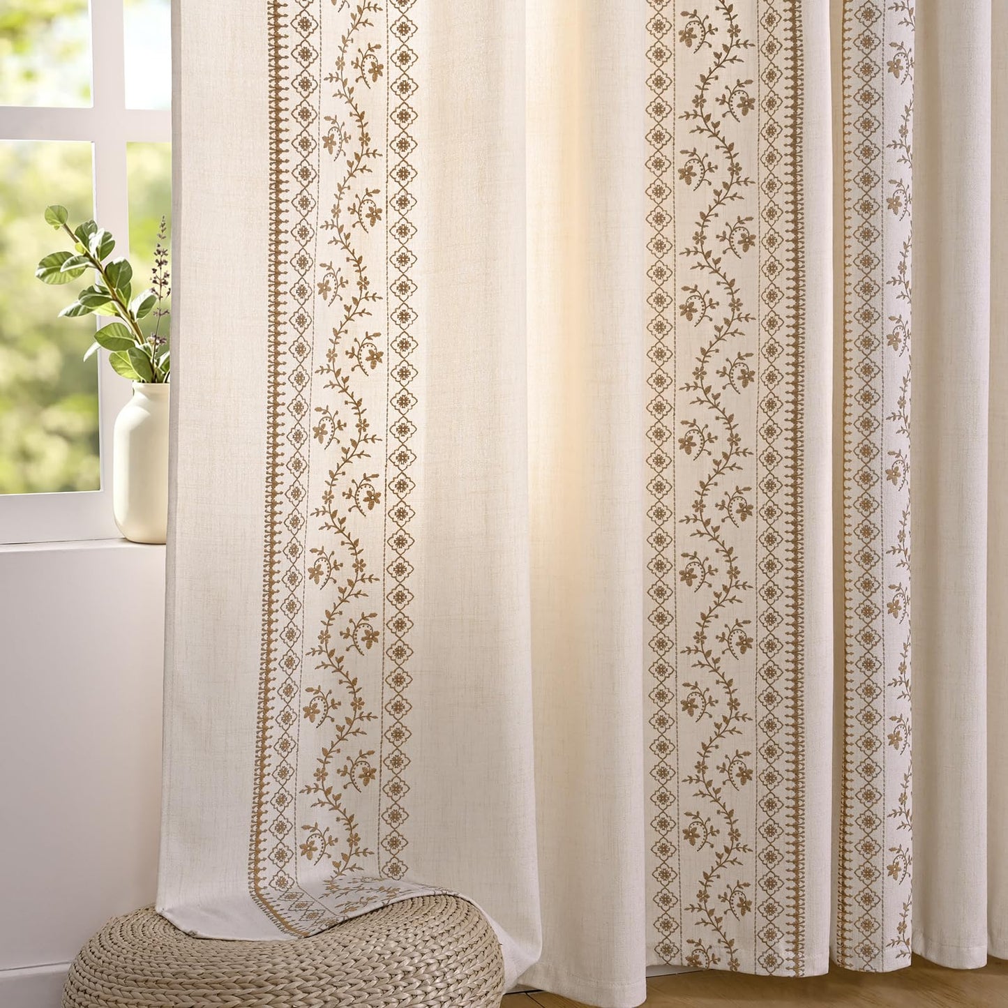 Yinhua Boho Curtains for Living Room 84 Inch Long Brown Embroidered Floral Bedroom Curtains, Farmhouse Light Filtering Window Curtain Rod Pocket & Back Tab Drapes, 52" W x 84" L, 2 Panels